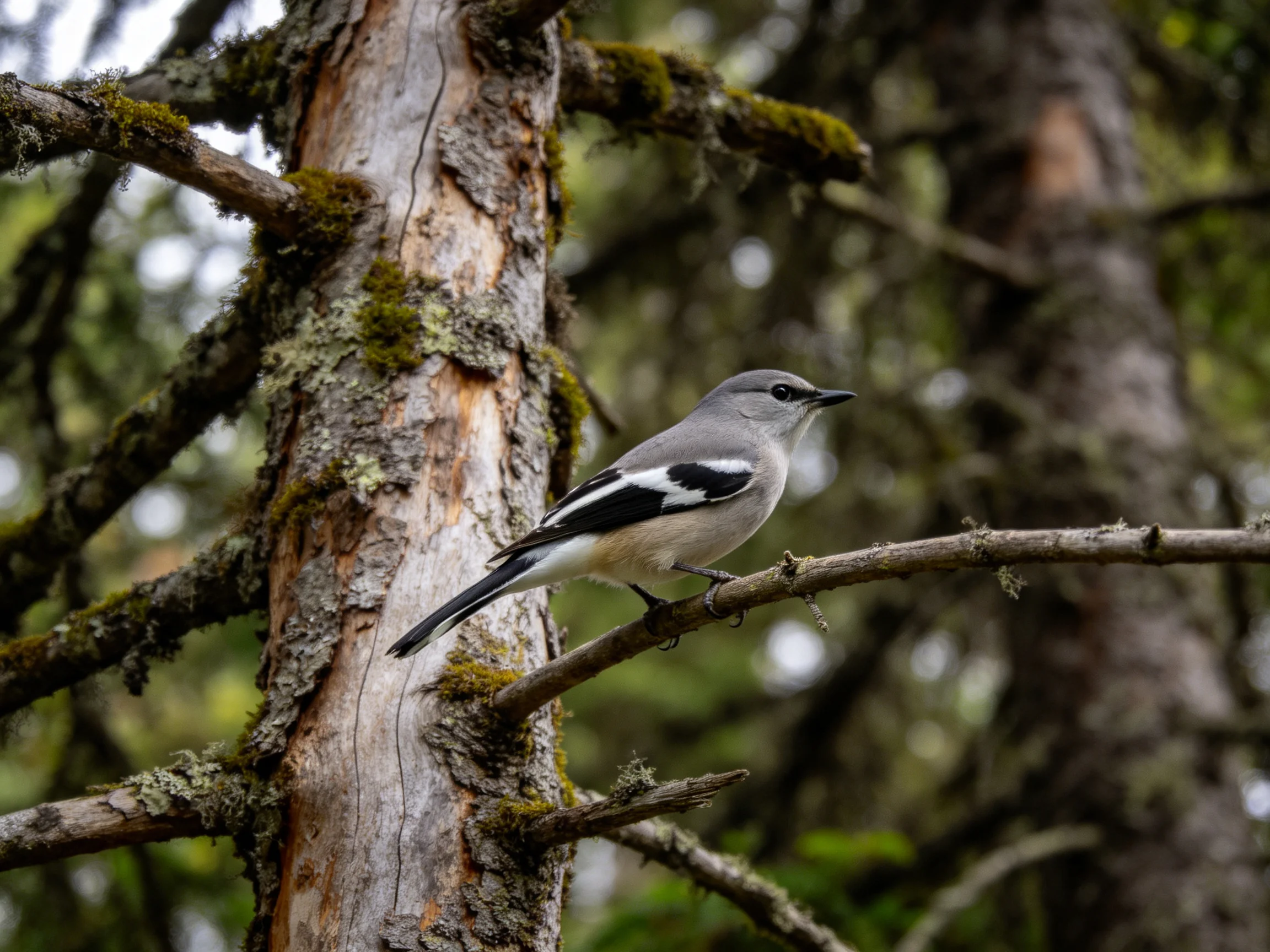 A gray bird with black wing patches rests on a moss-draped pine trunk