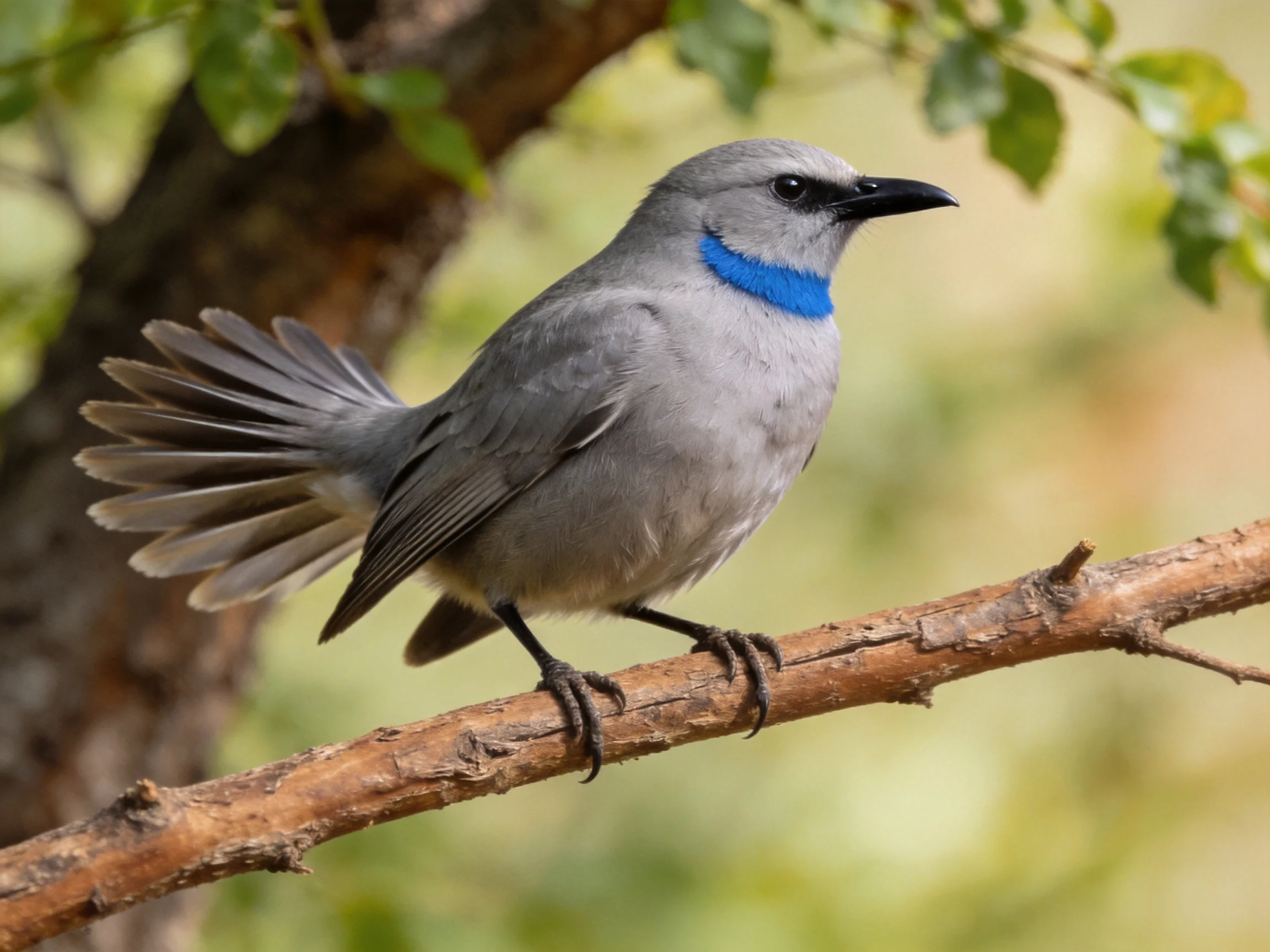 A gray bird with blue neck patch perched on a tree branch
