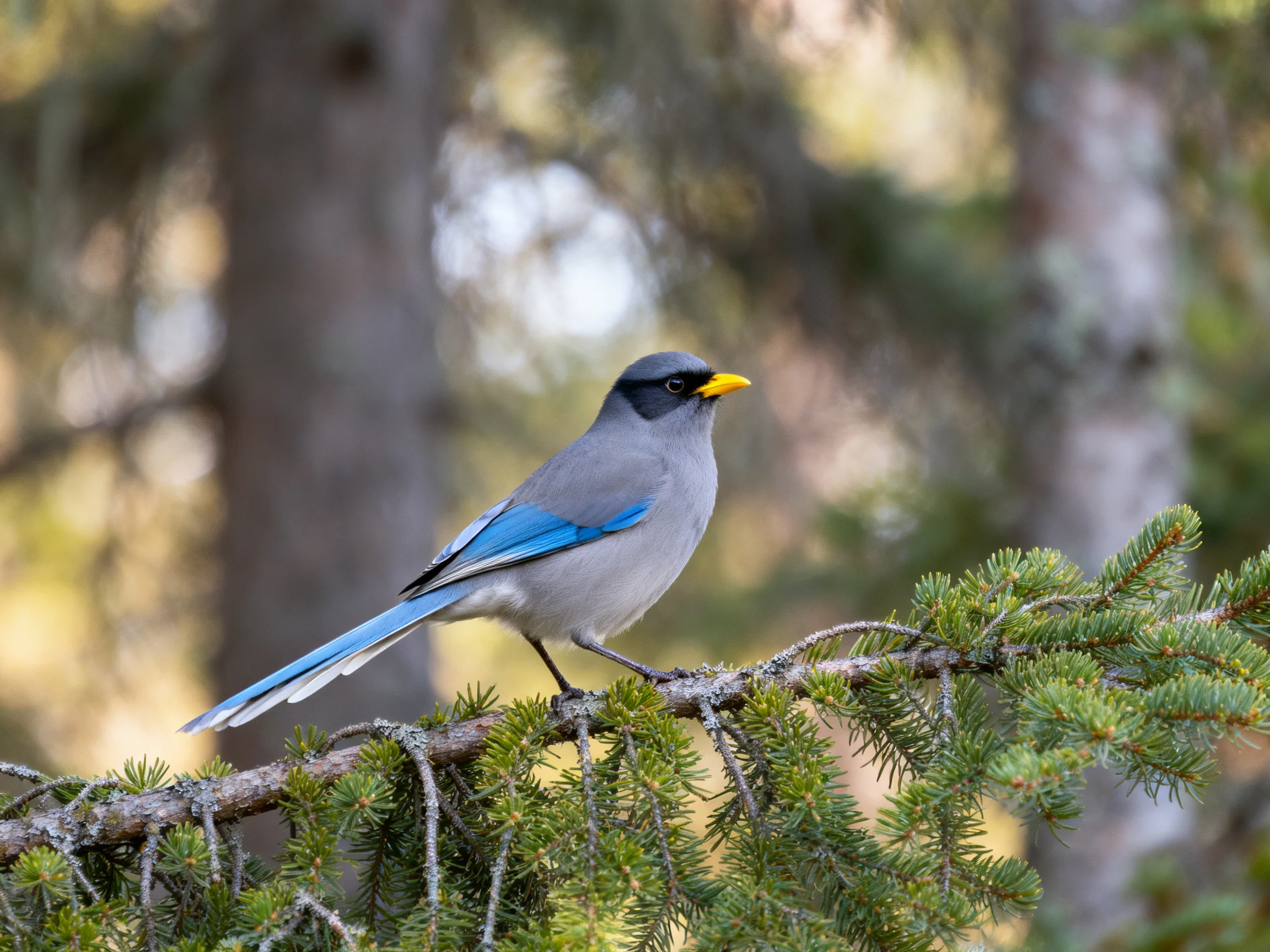 A gray bird with blue wings perches on a pine branch in a forested area.