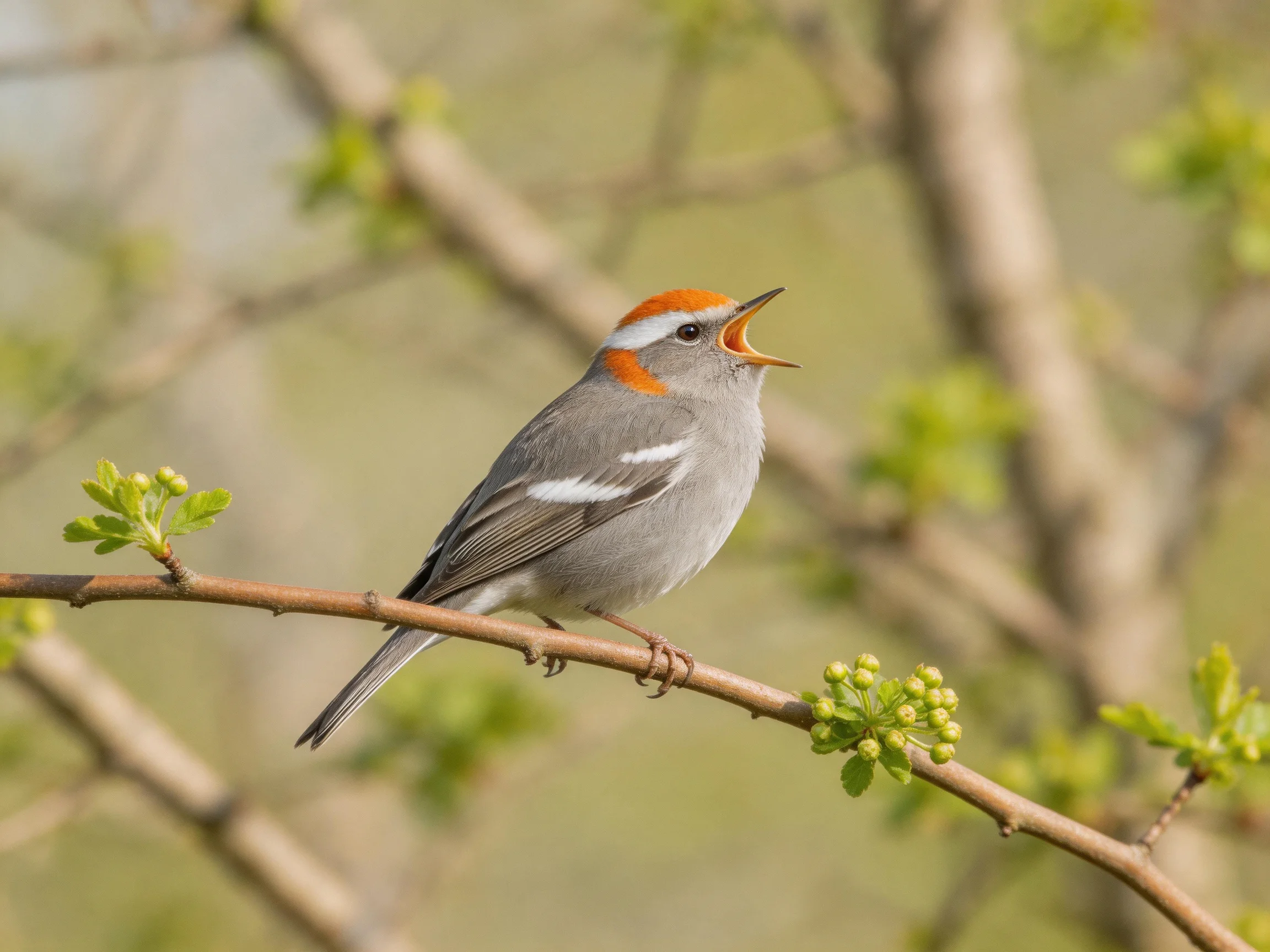 A gray bird with an orange crest sings on a branch with budding foliage.
