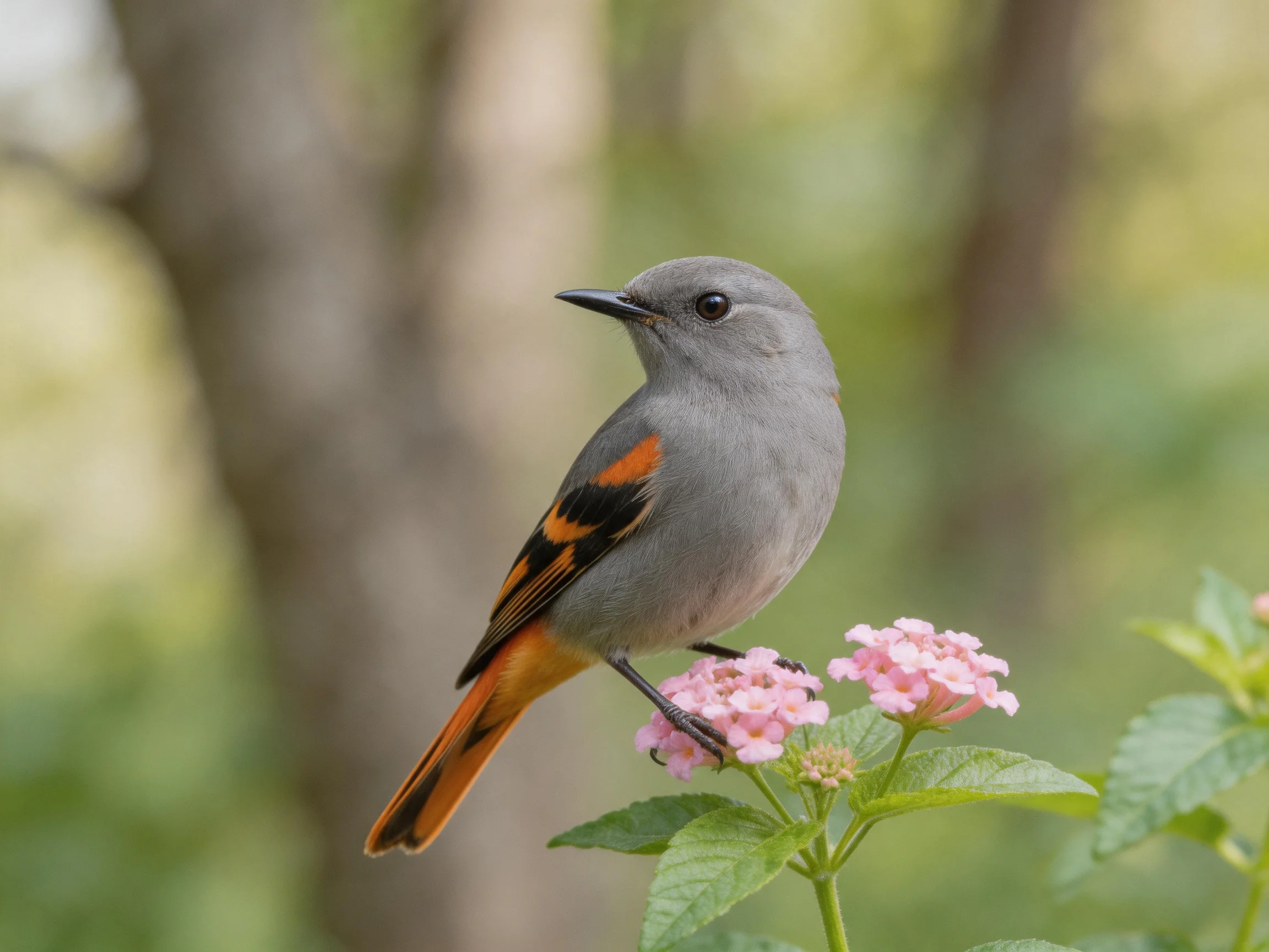 A gray bird with orange-tipped wings perches on pink flowers