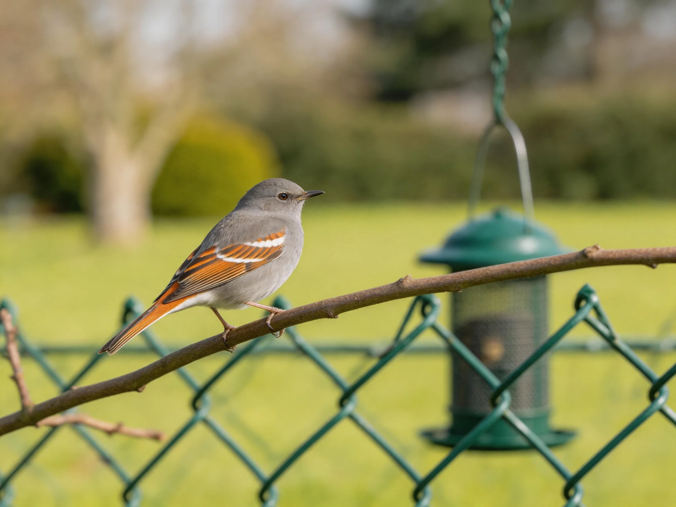 A gray bird with orange wing markings perches on a branch near a green fence and bird feeder
