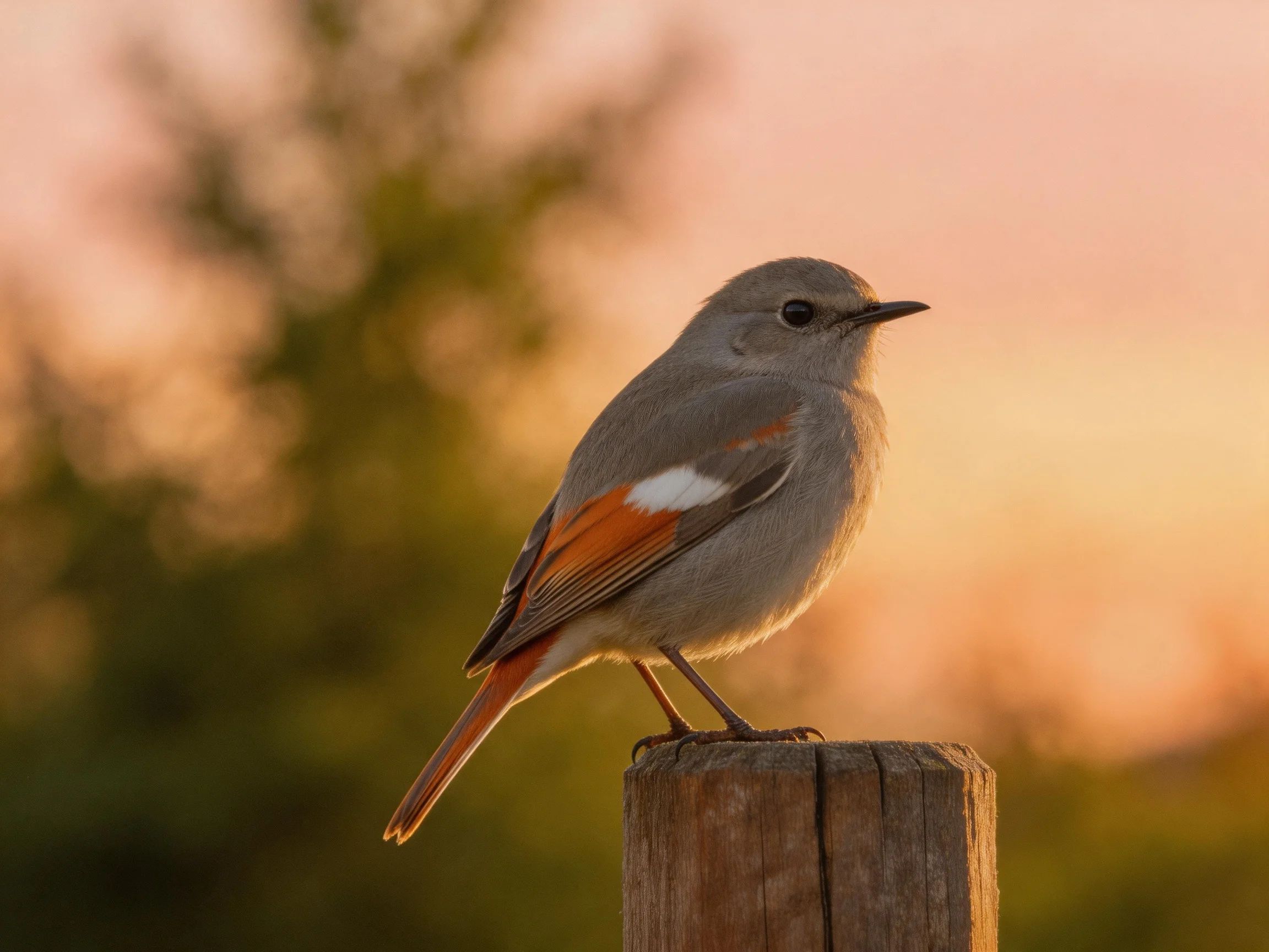 A gray bird with orange wings perched on a wooden post at sunset