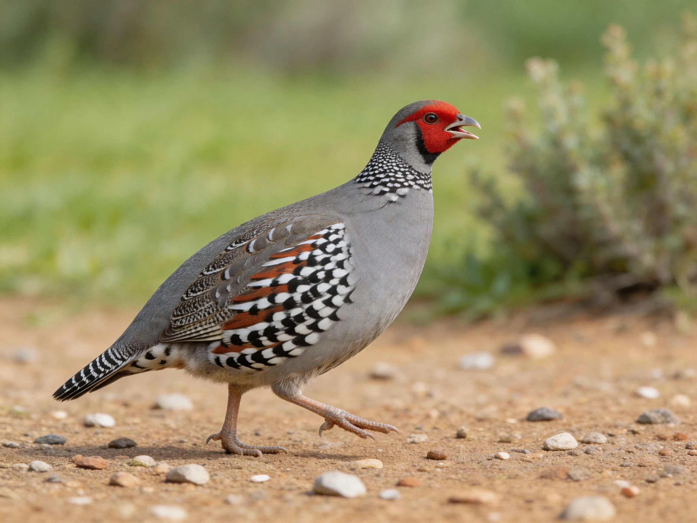 A gray bird with red head and patterned wings walking on a rocky path