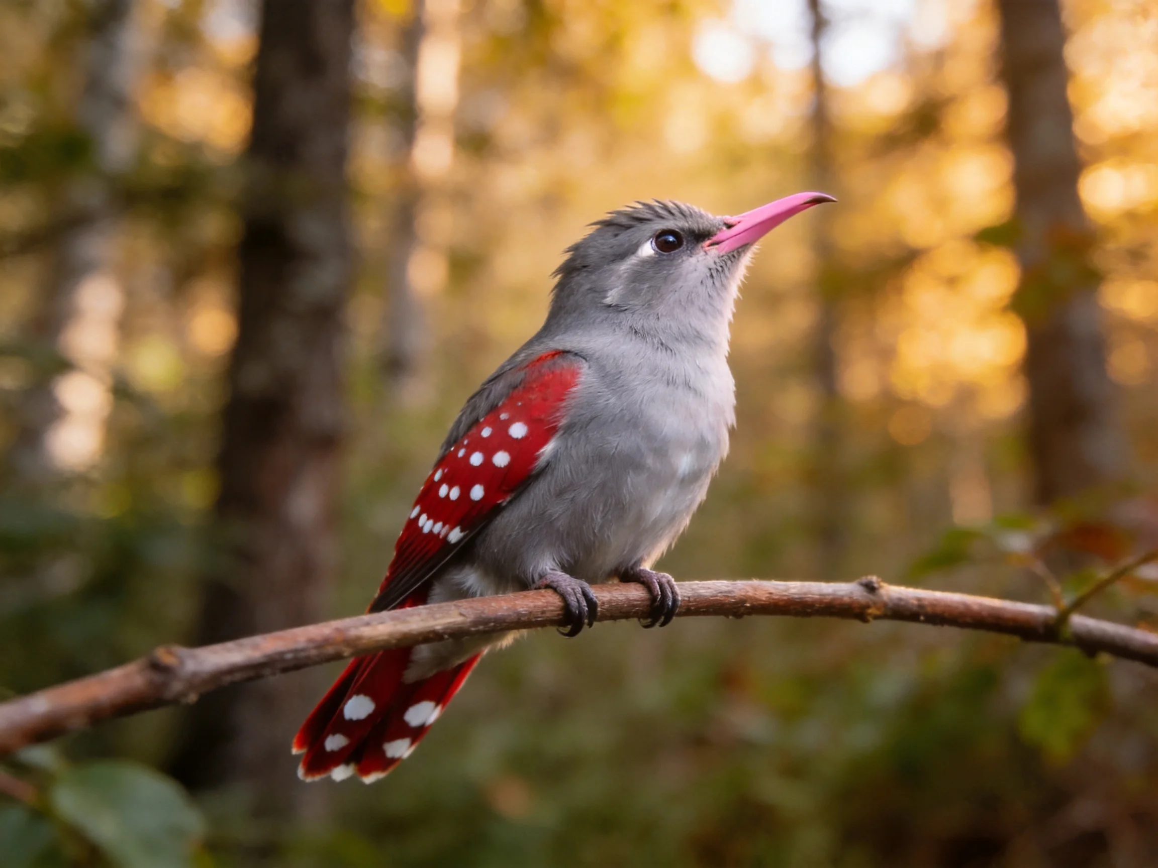 A gray bird with red spotted wings perches on a forest branch