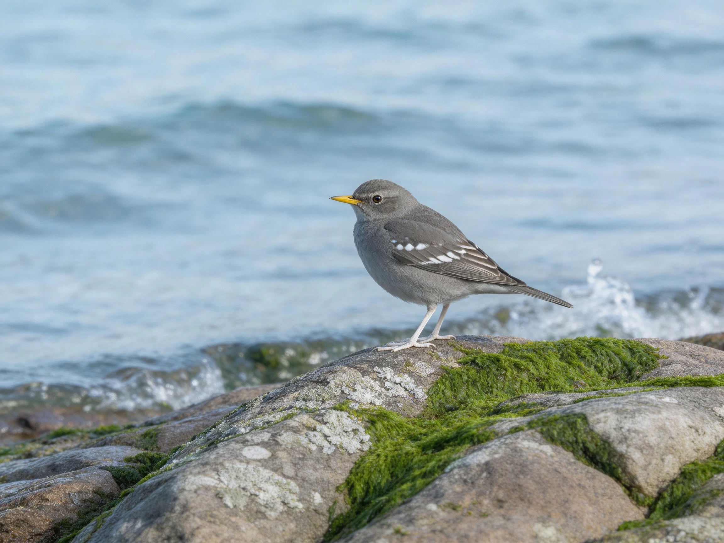 A gray bird with white wing markings perches on moss-covered coastal rocks