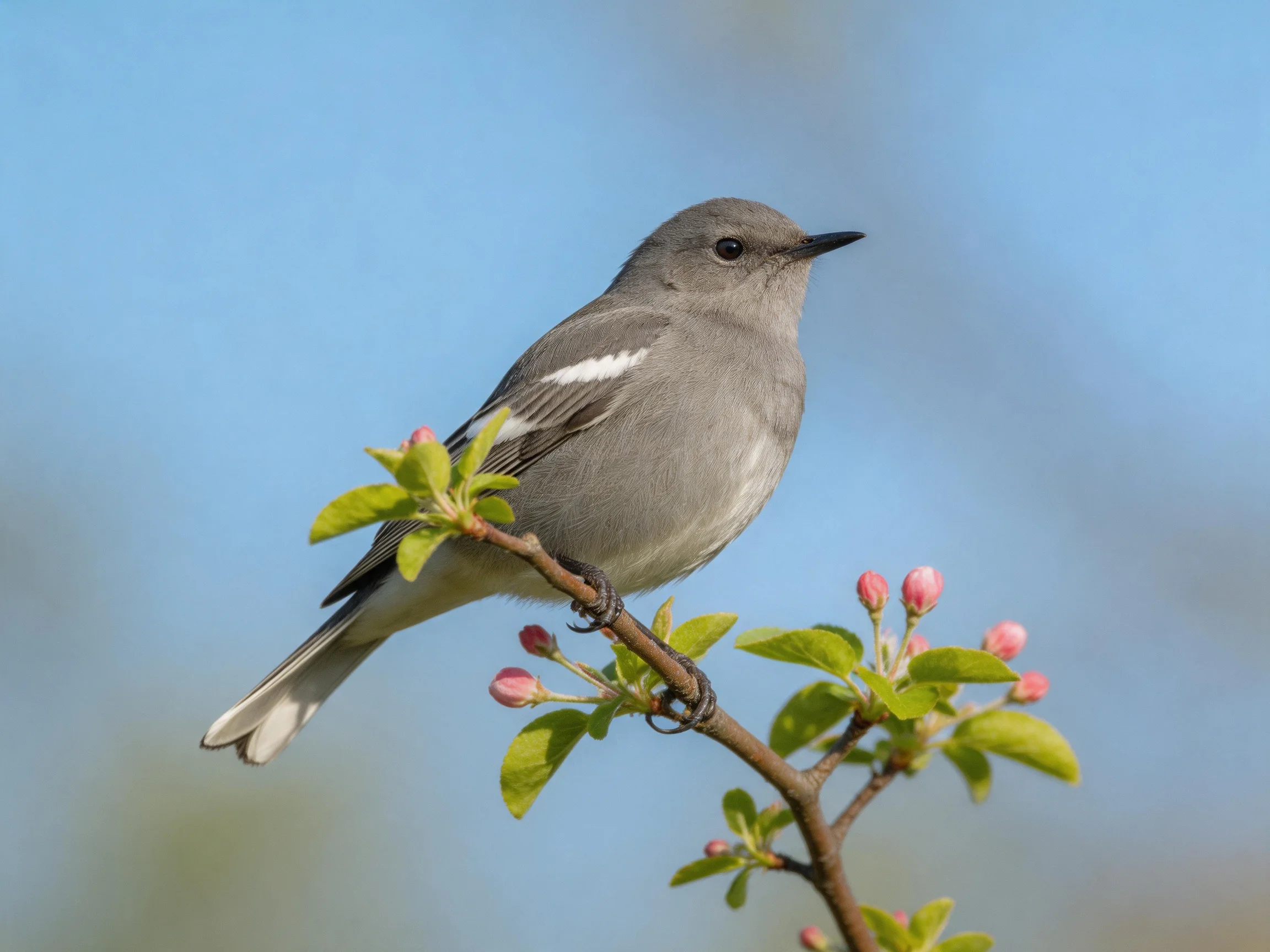 A gray bird with white wing patch perches on a flowering branch
