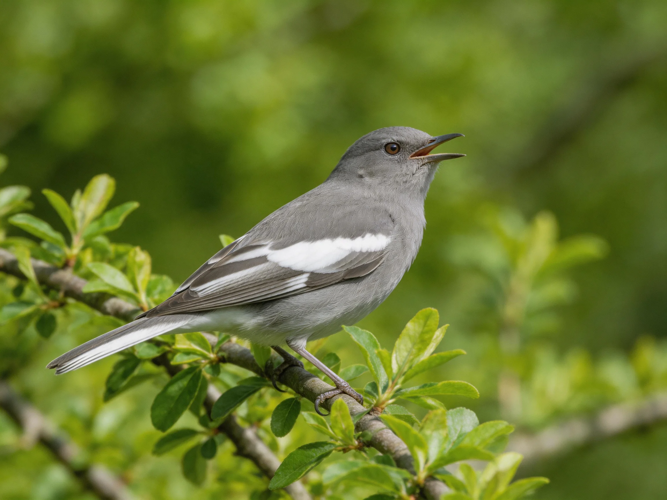 A gray bird with white wing patches perches on lush green branches