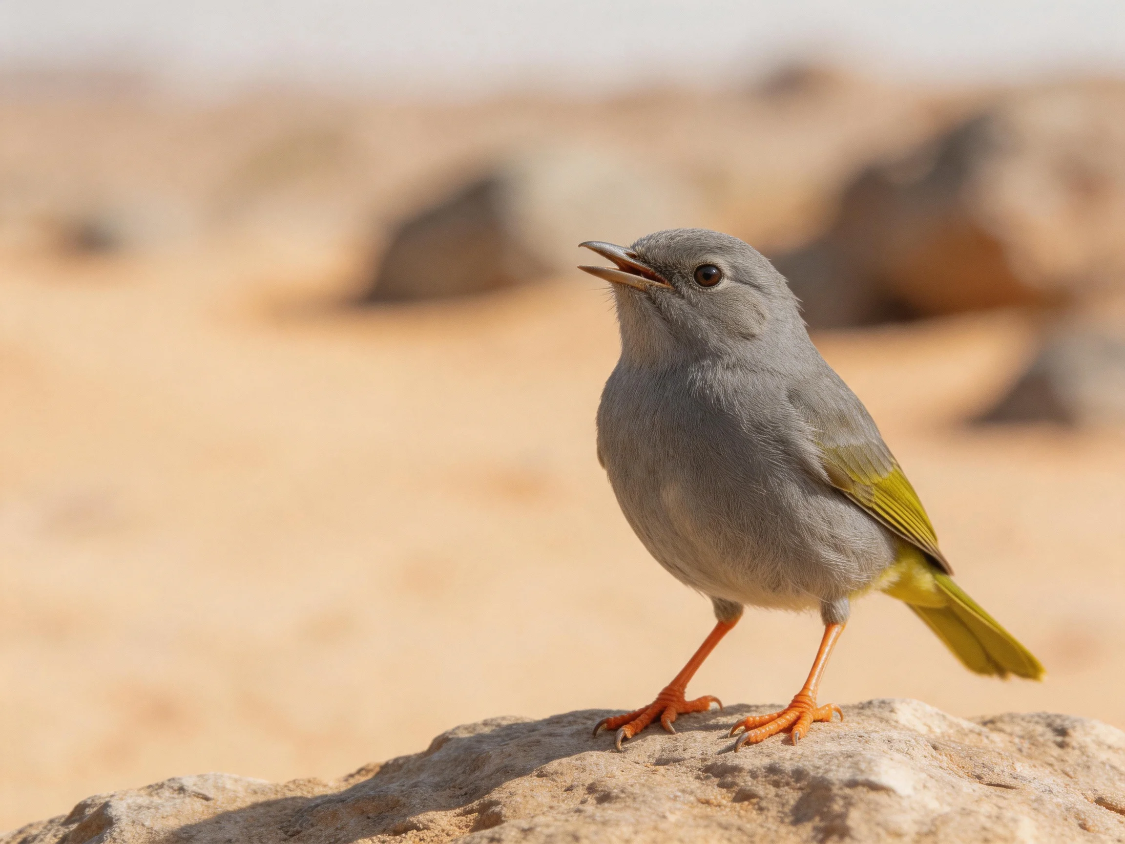 A gray bird with yellow accents perches on a rock in a sandy terrain