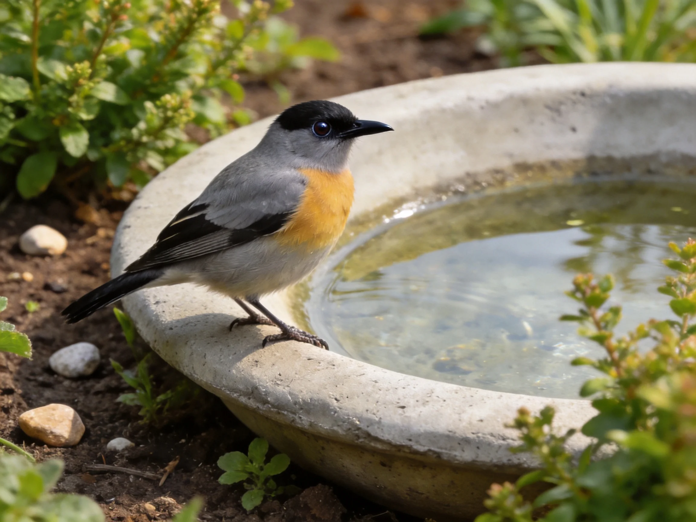 A gray, black, and orange bird perched by a stone birdbath