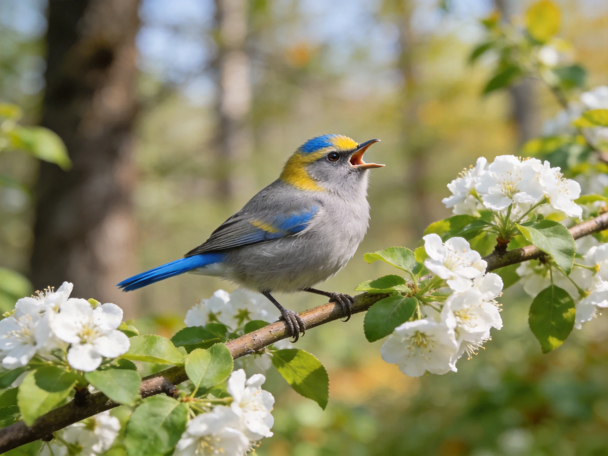 A gray-blue-yellow songbird perches on flowering branch