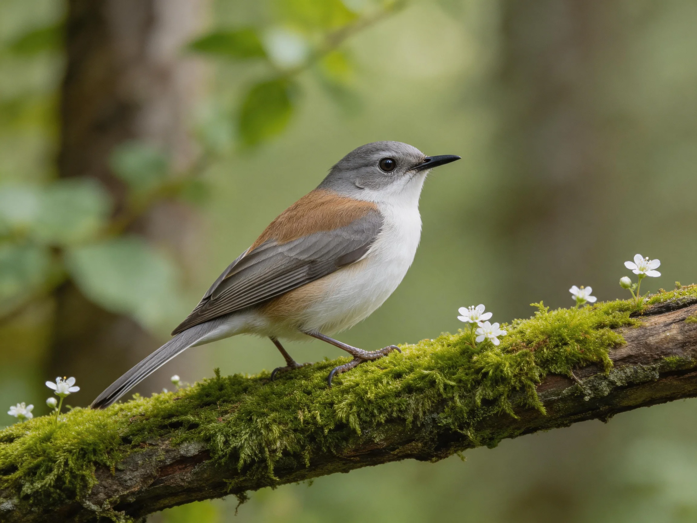 A gray-brown bird perches on a moss-covered branch with tiny white blooms
