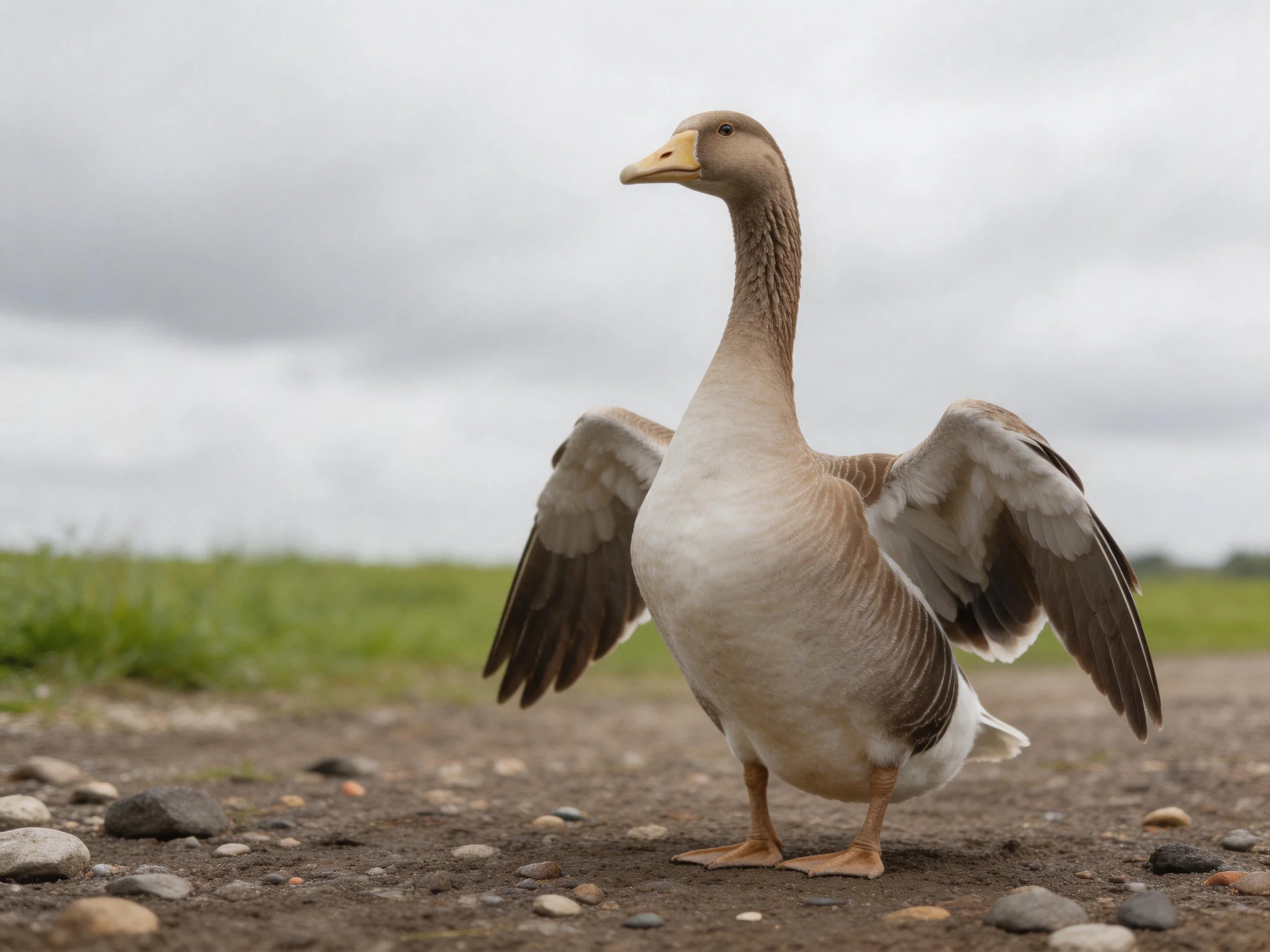 A gray-brown goose spreads wings on a pebbly ground