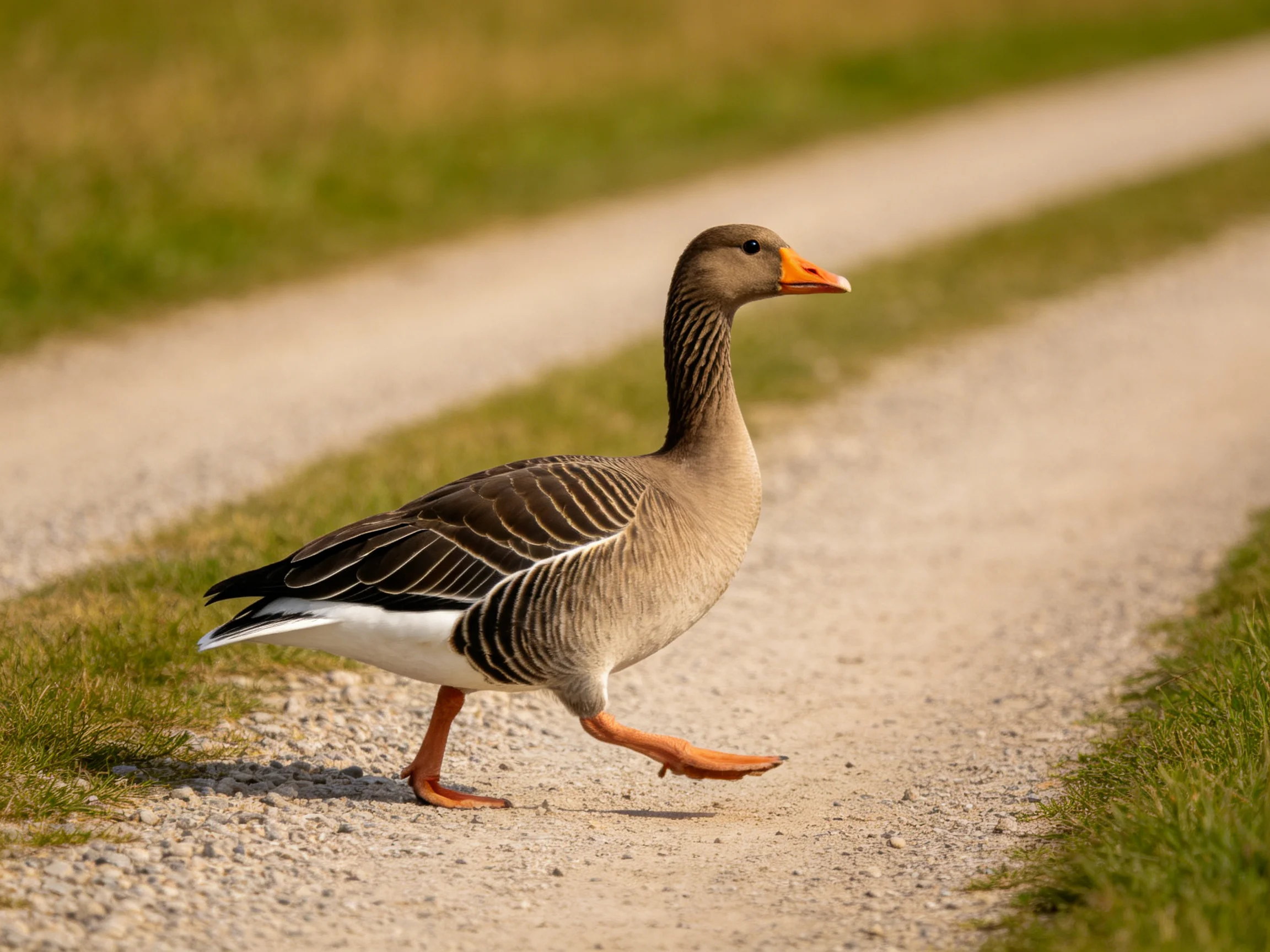 A gray-brown goose with an orange beak crosses a gravel path