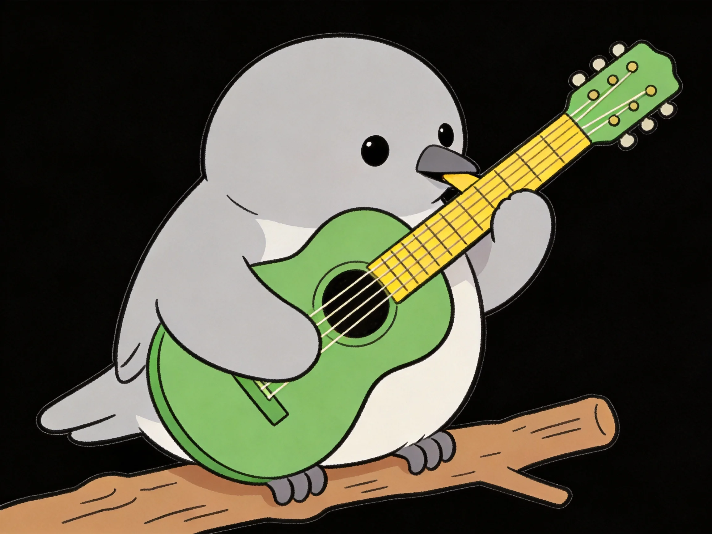 A gray cartoon bird plays a green guitar on a brown branch