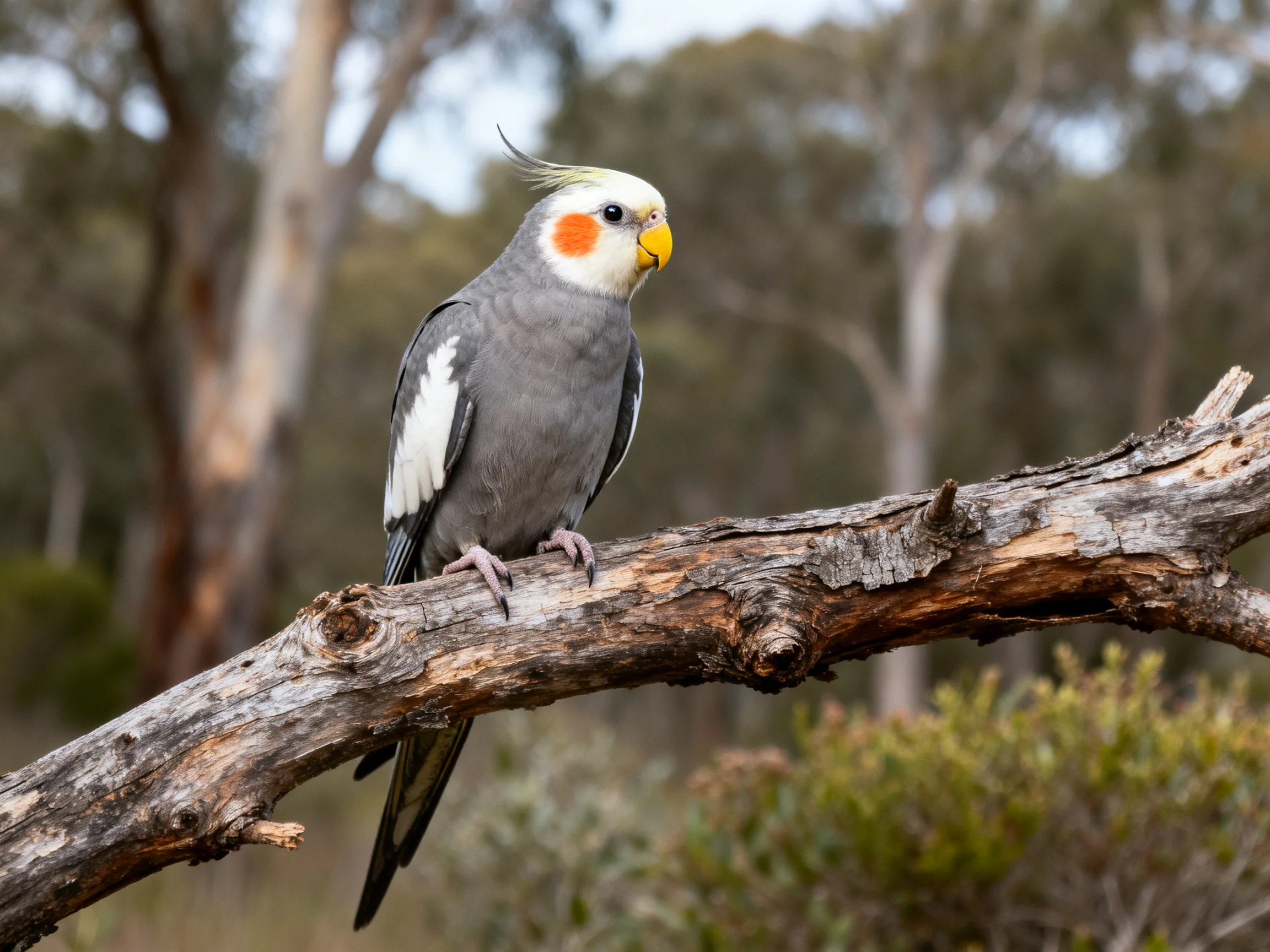A gray cockatiel with orange cheeks perches on a weathered tree branch