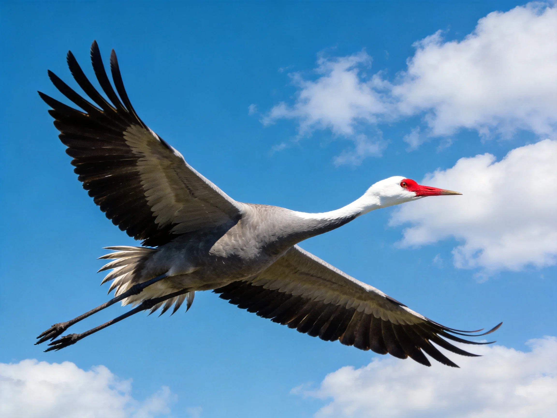 A gray crane soars with outstretched wings against blue sky
