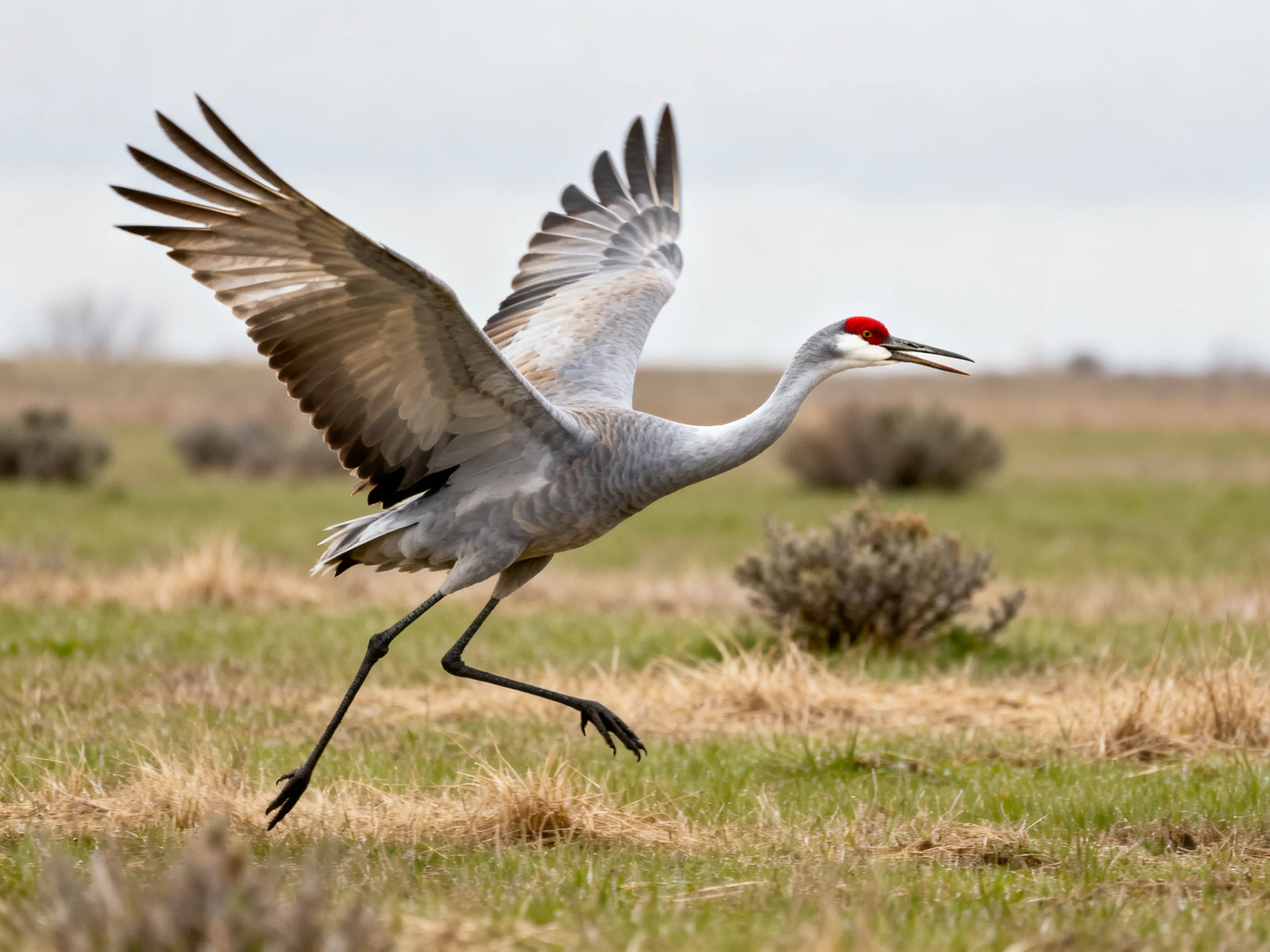 A gray crane with red crown takes flight over a grassy plain
