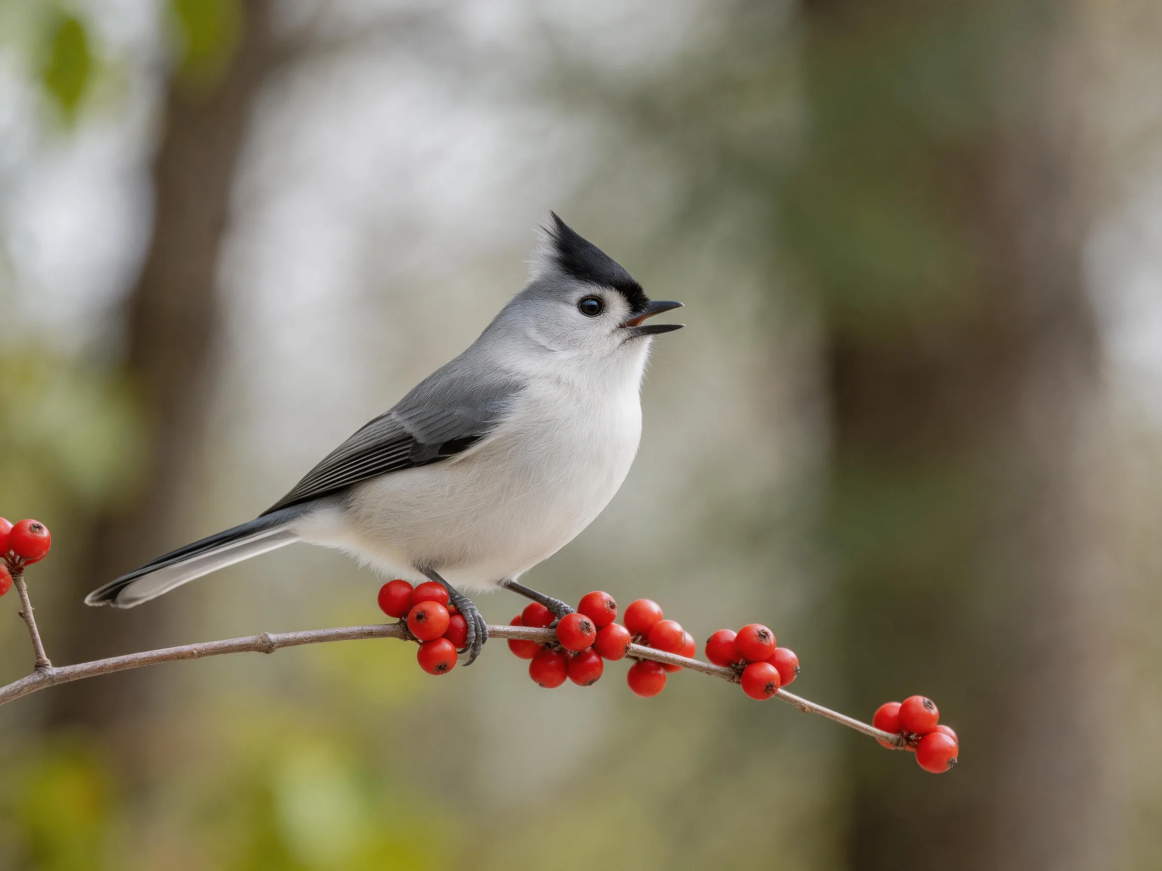 A gray crested bird perches on a branch with bright red berries