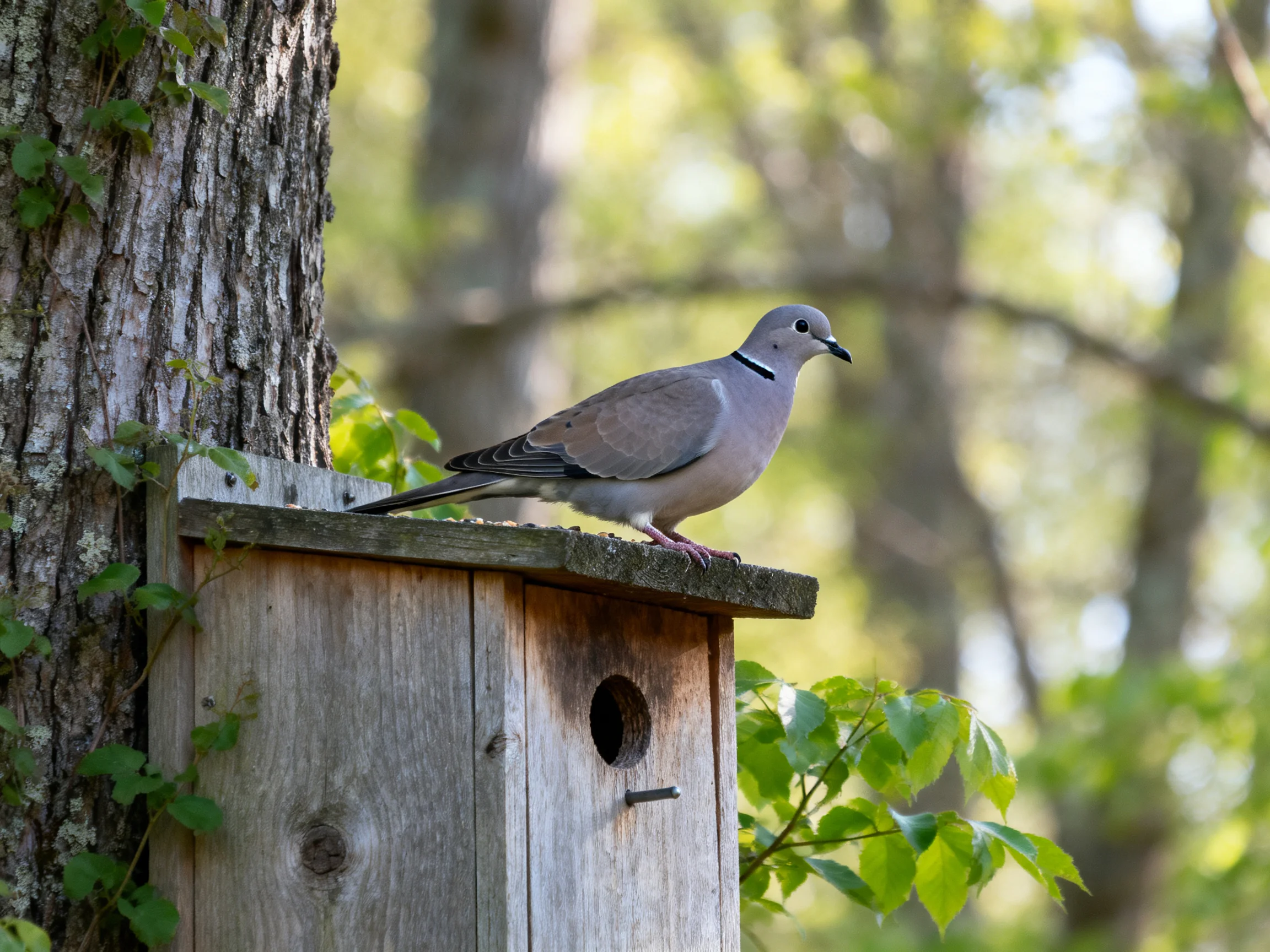 A gray dove perches on a weathered wooden birdhouse next to a tree