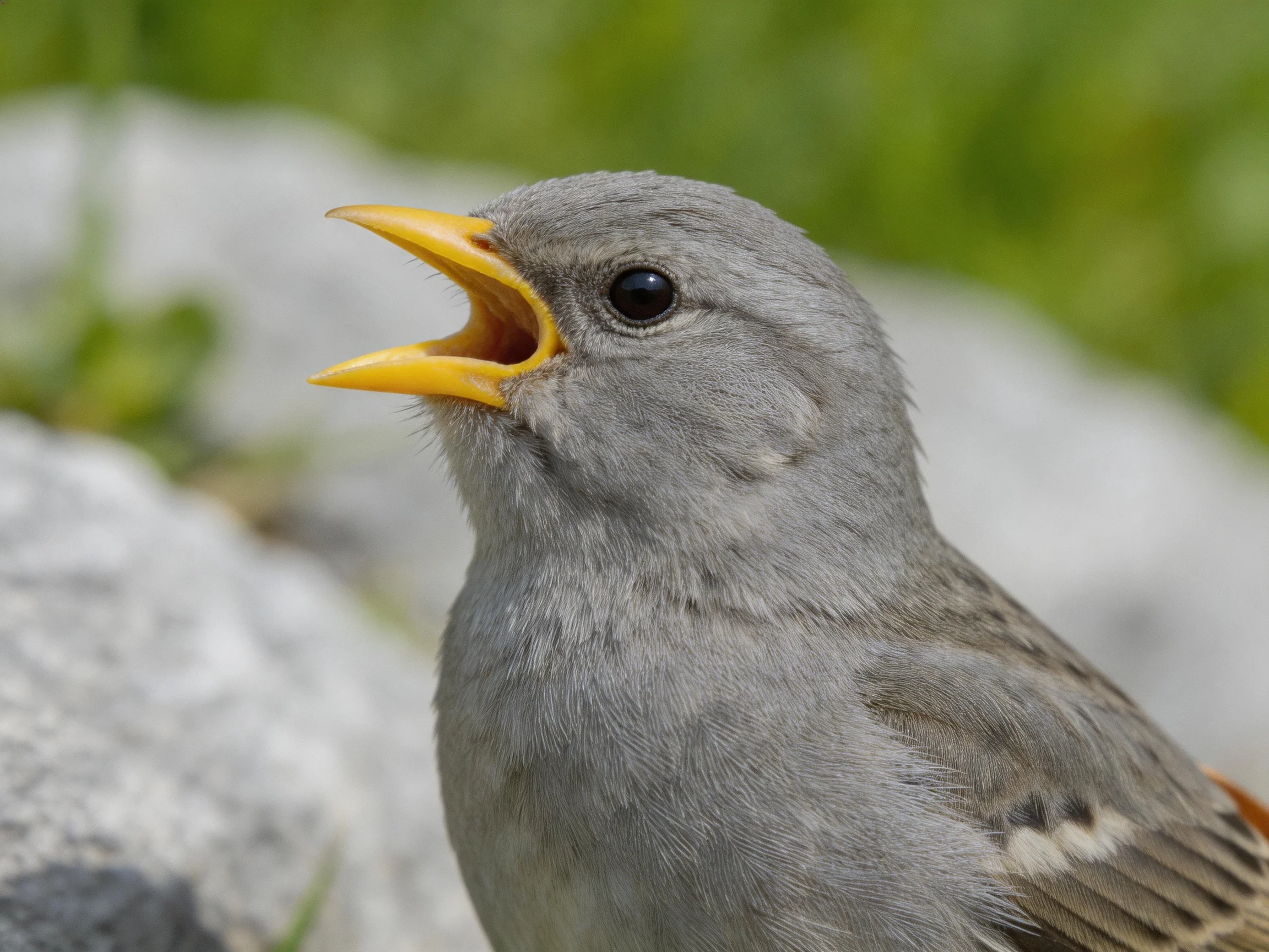 A gray-feathered bird with an orange-yellow beak vocalizing