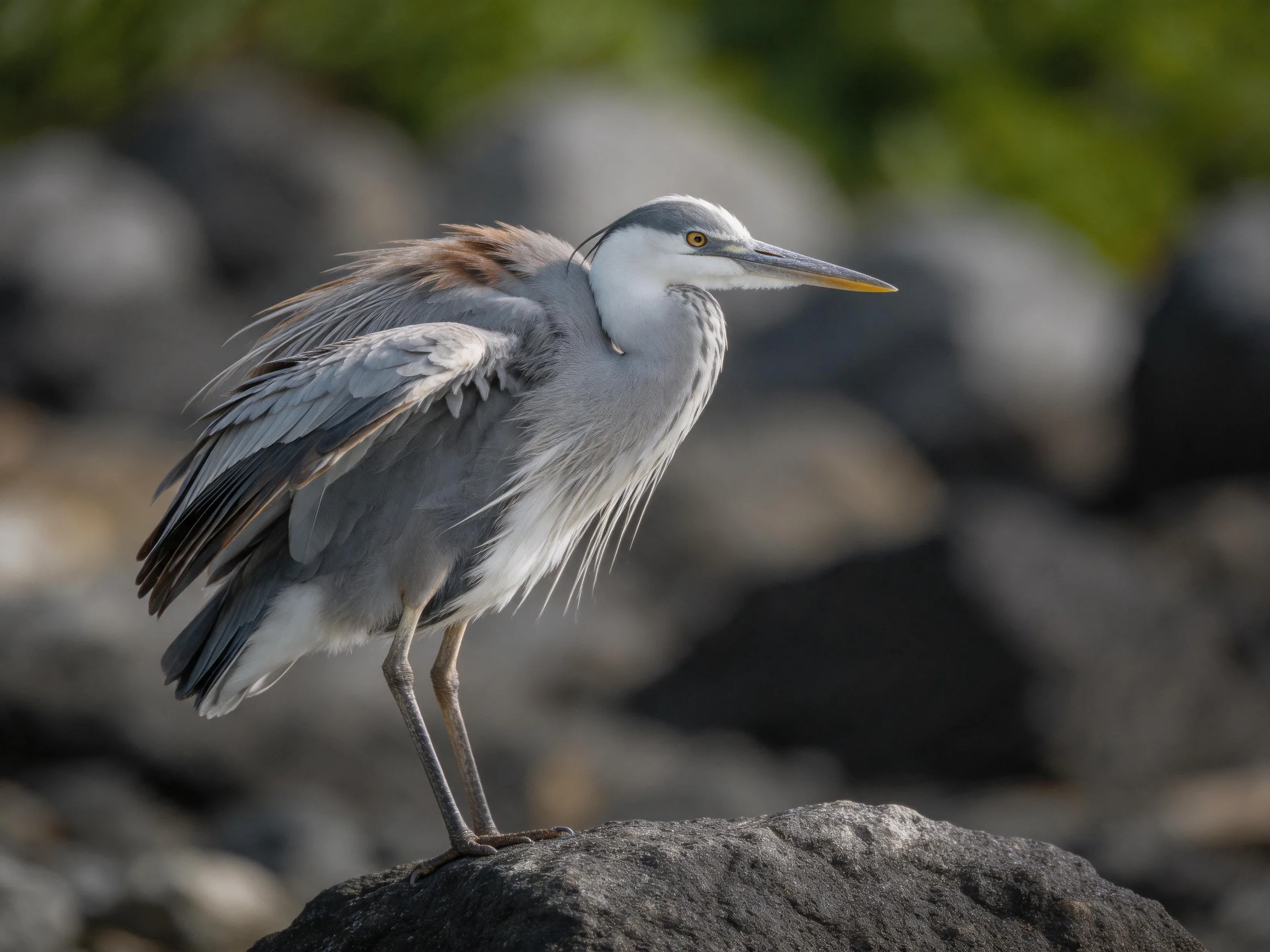 A gray-feathered heron perched on a dark rocky outcrop