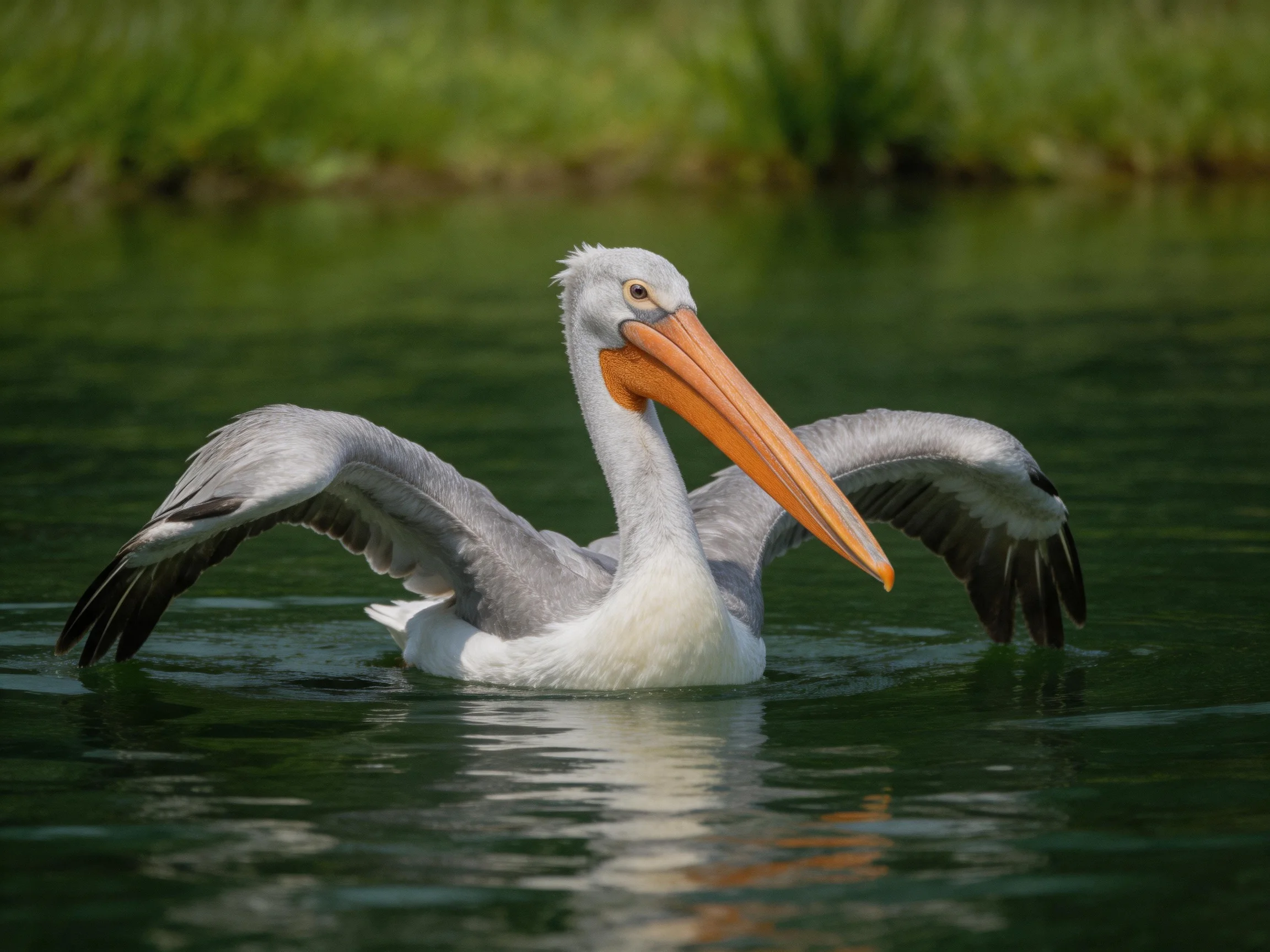 A gray-feathered pelican with an orange bill spreads wings in calm water