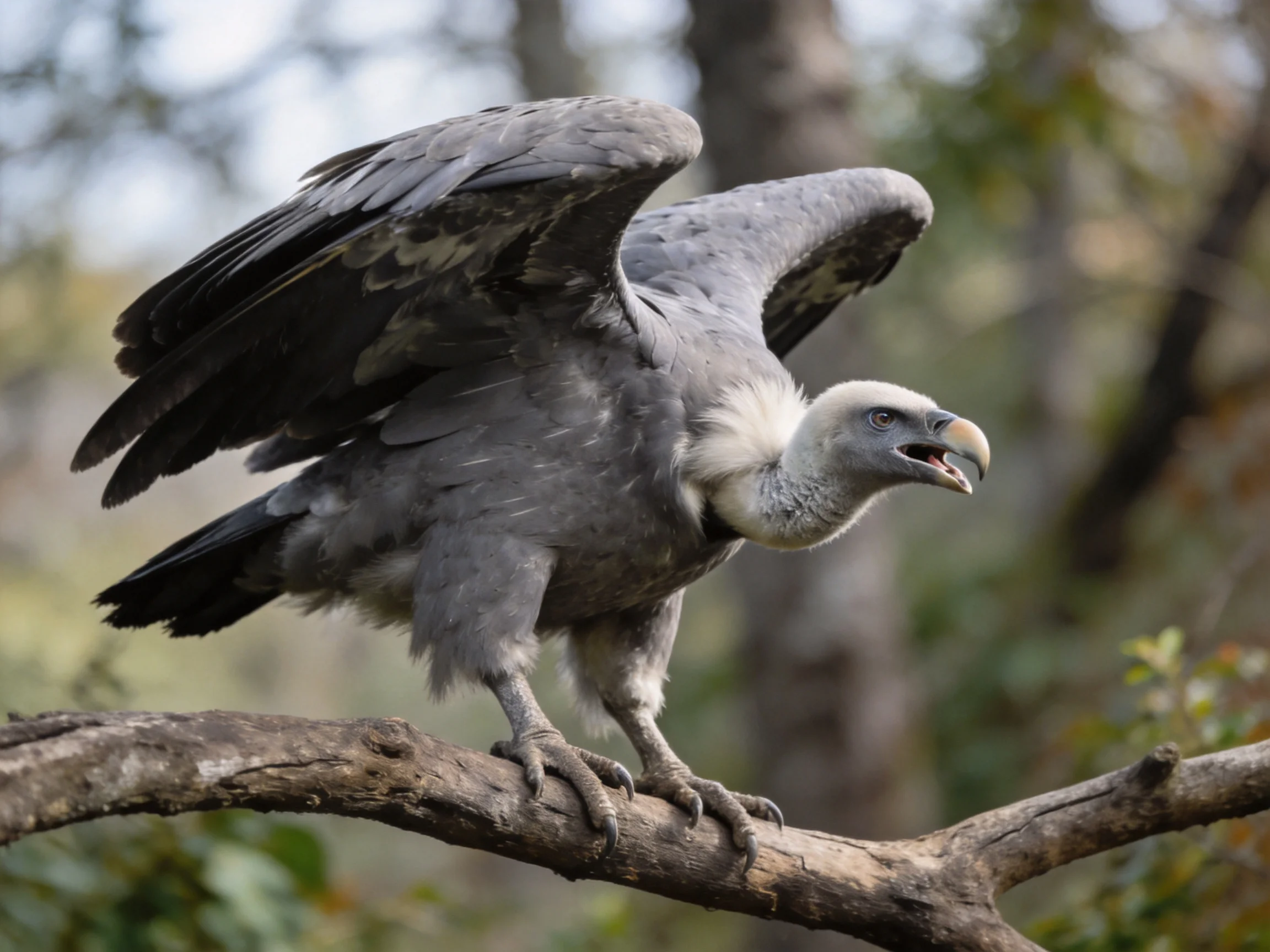 A gray-feathered vulture with white neck perched on a tree branch