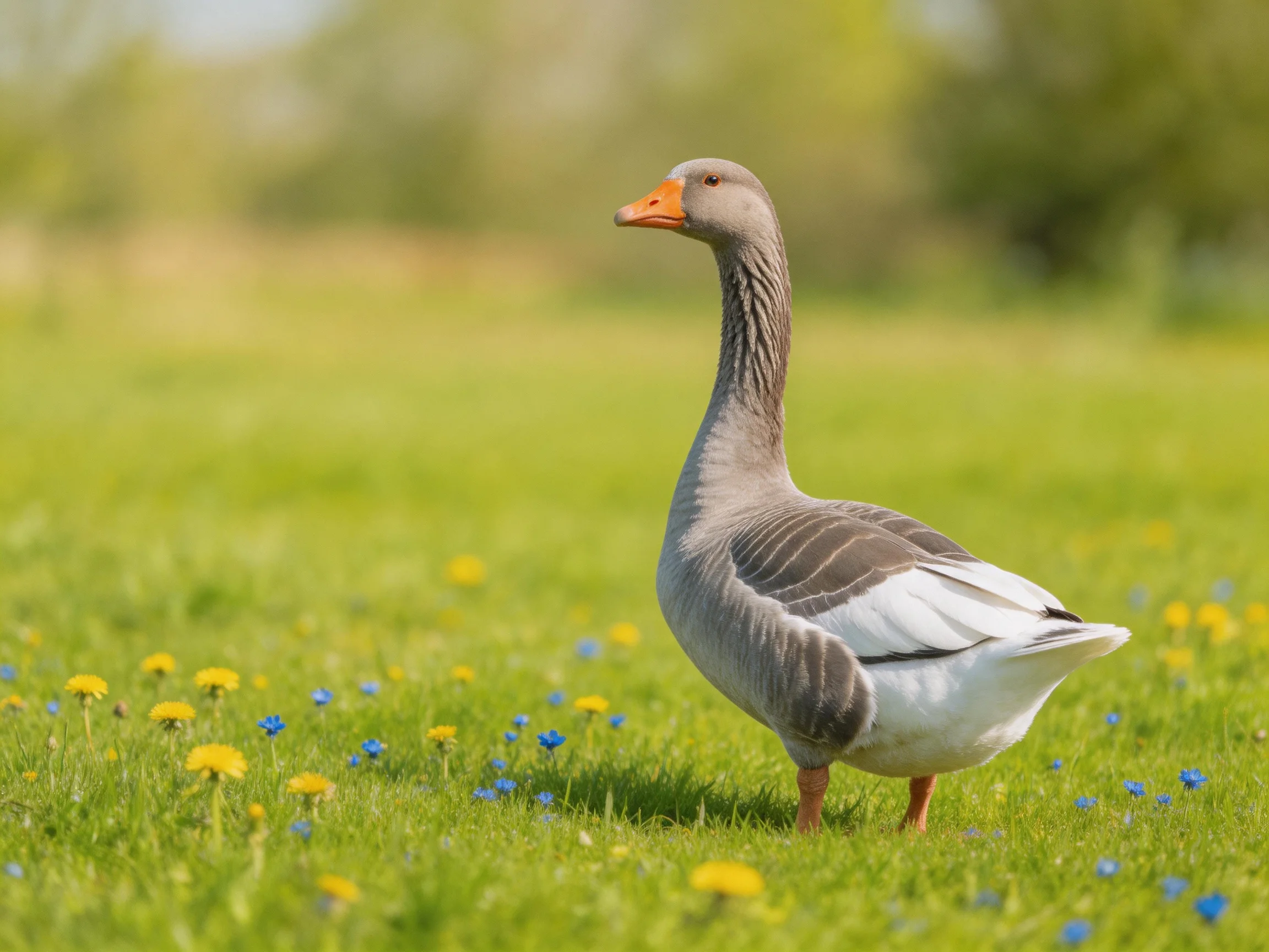 A gray goose in a meadow with yellow and blue flowers