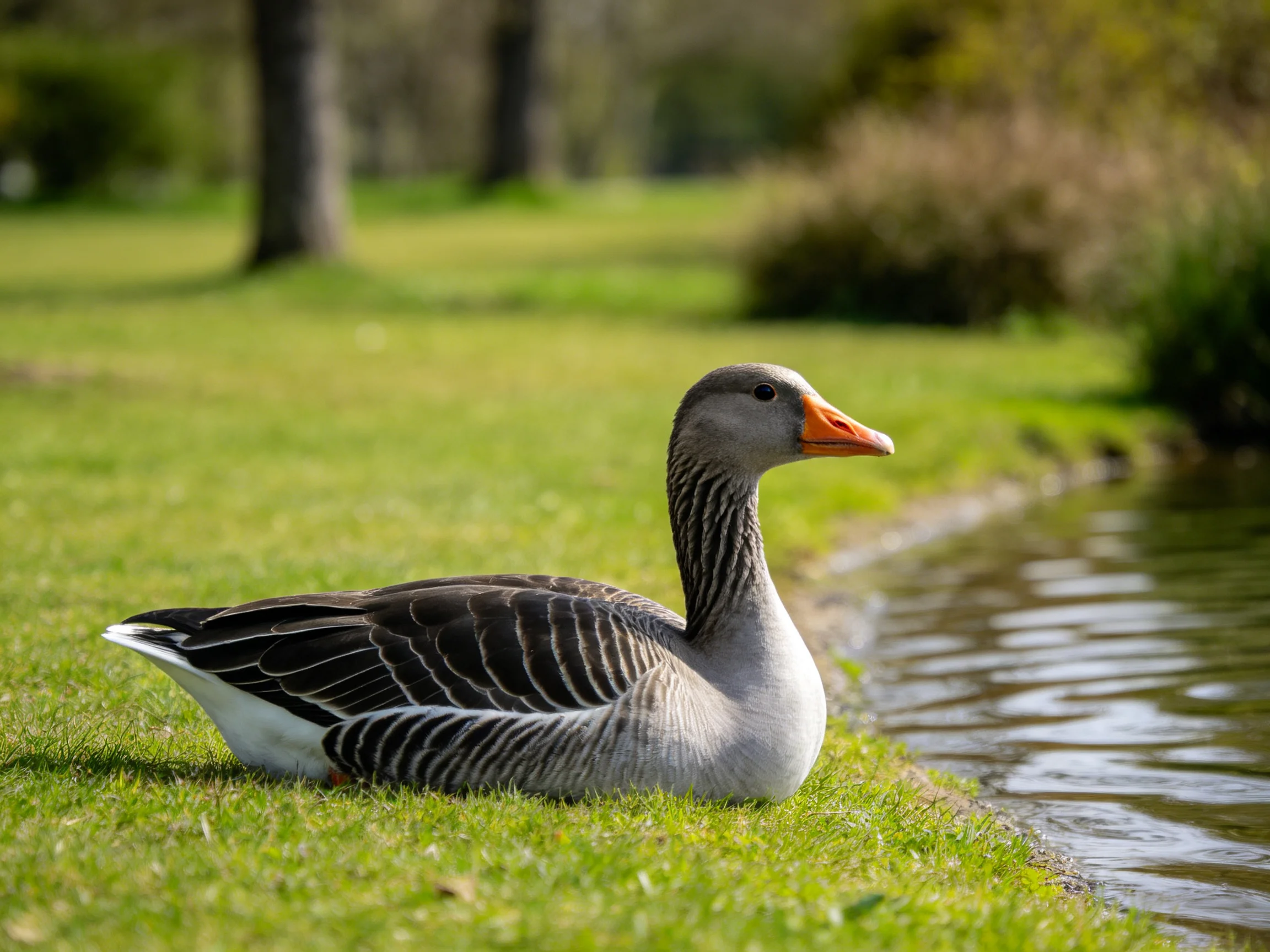 A gray goose rests beside a calm pond on vibrant green grass