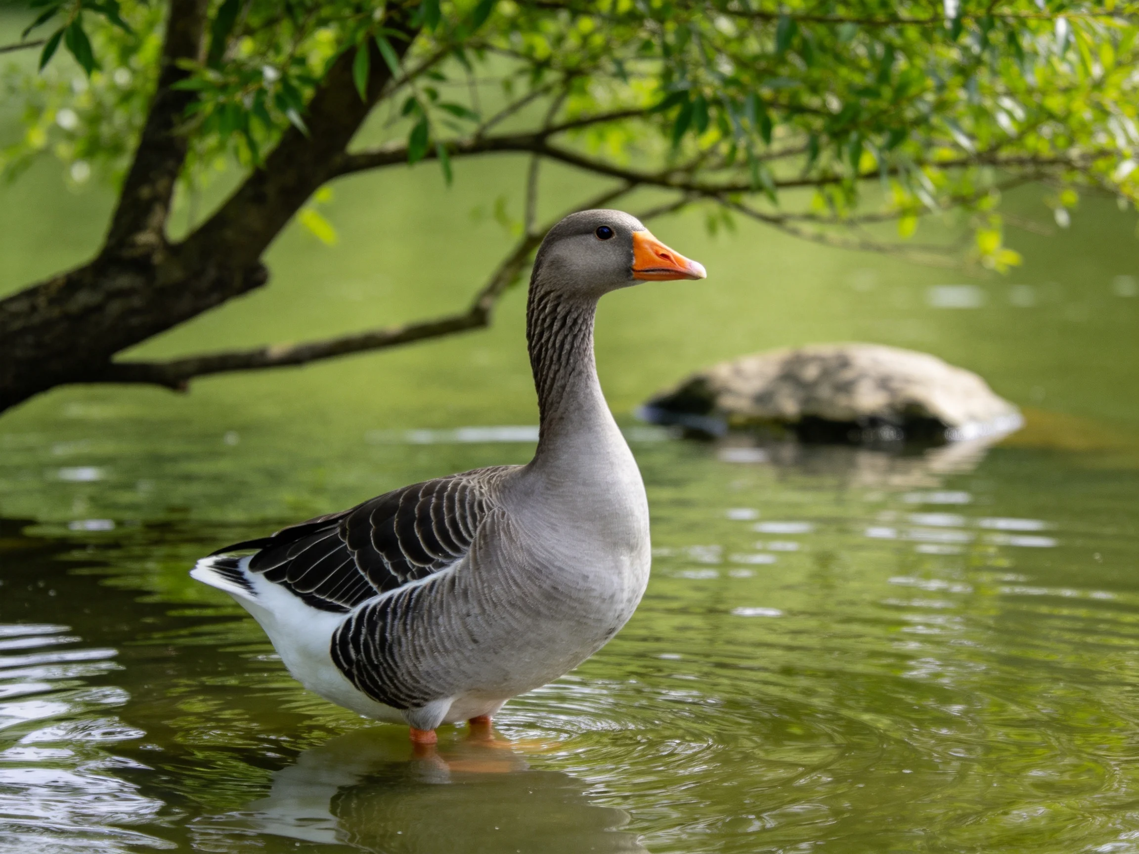 A gray goose stands in calm green water near a leafy tree