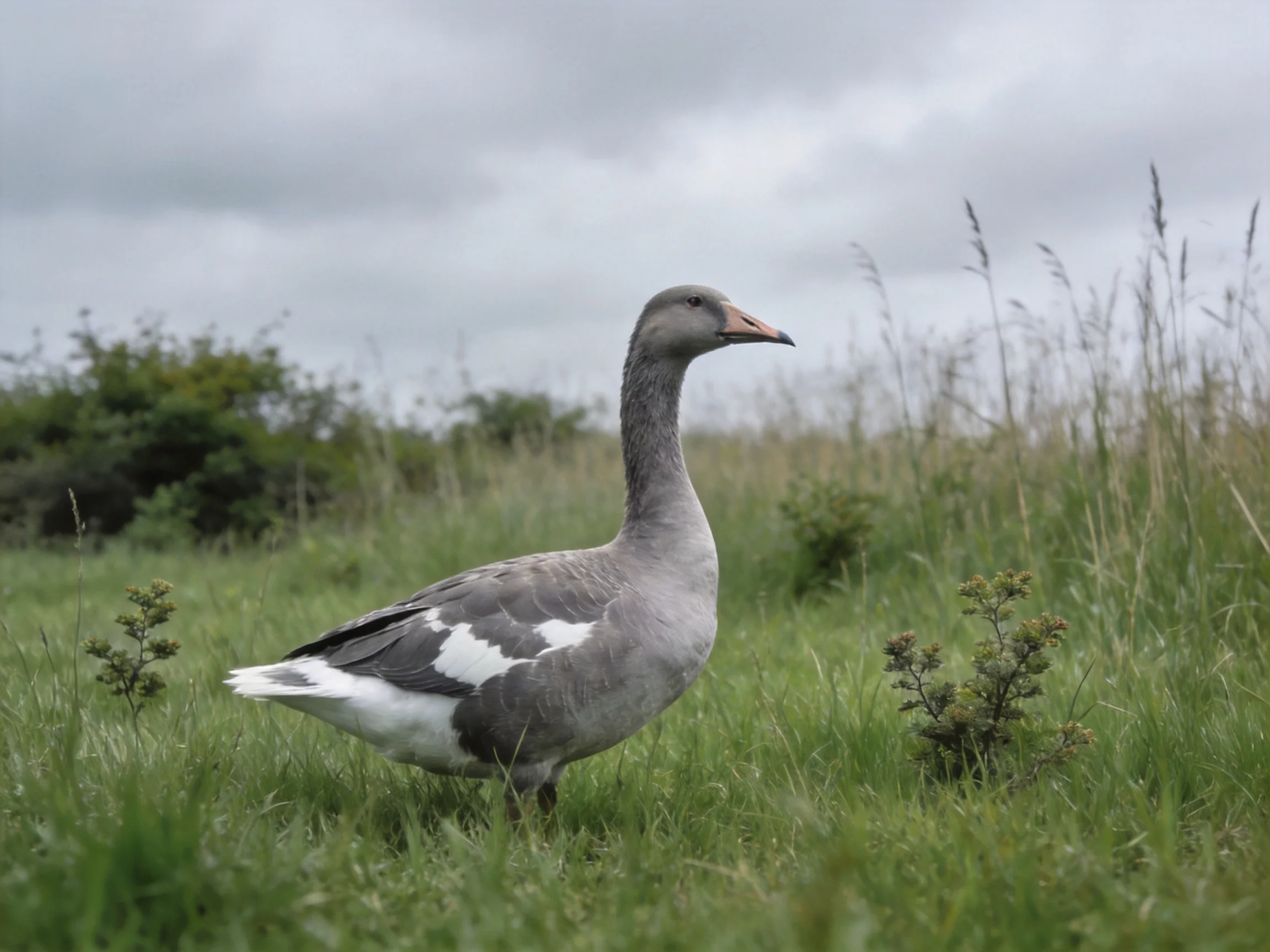 A gray goose roams through lush green grass beneath a cloudy sky.