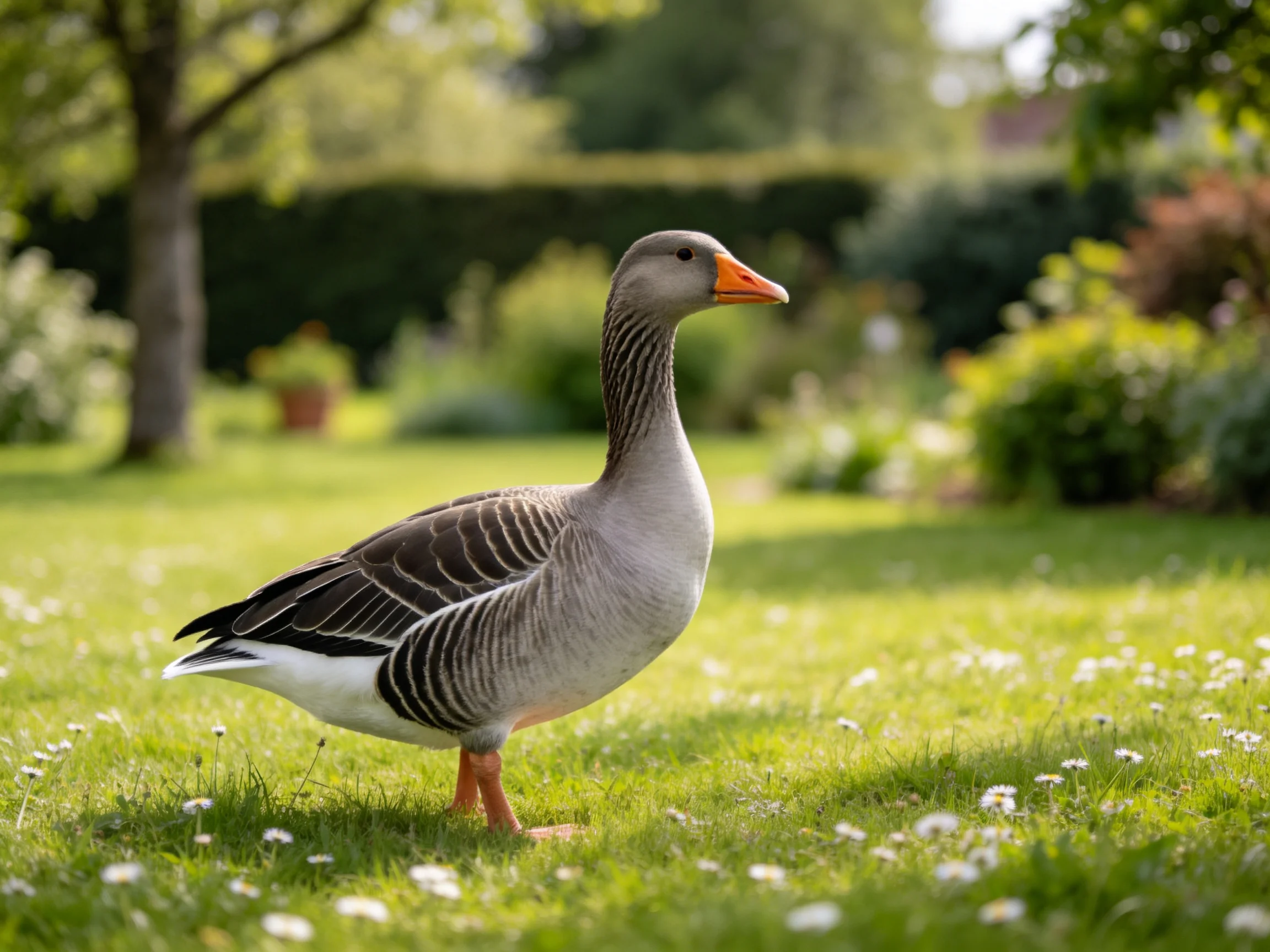 A gray goose stands on a flower-speckled lawn among greenery