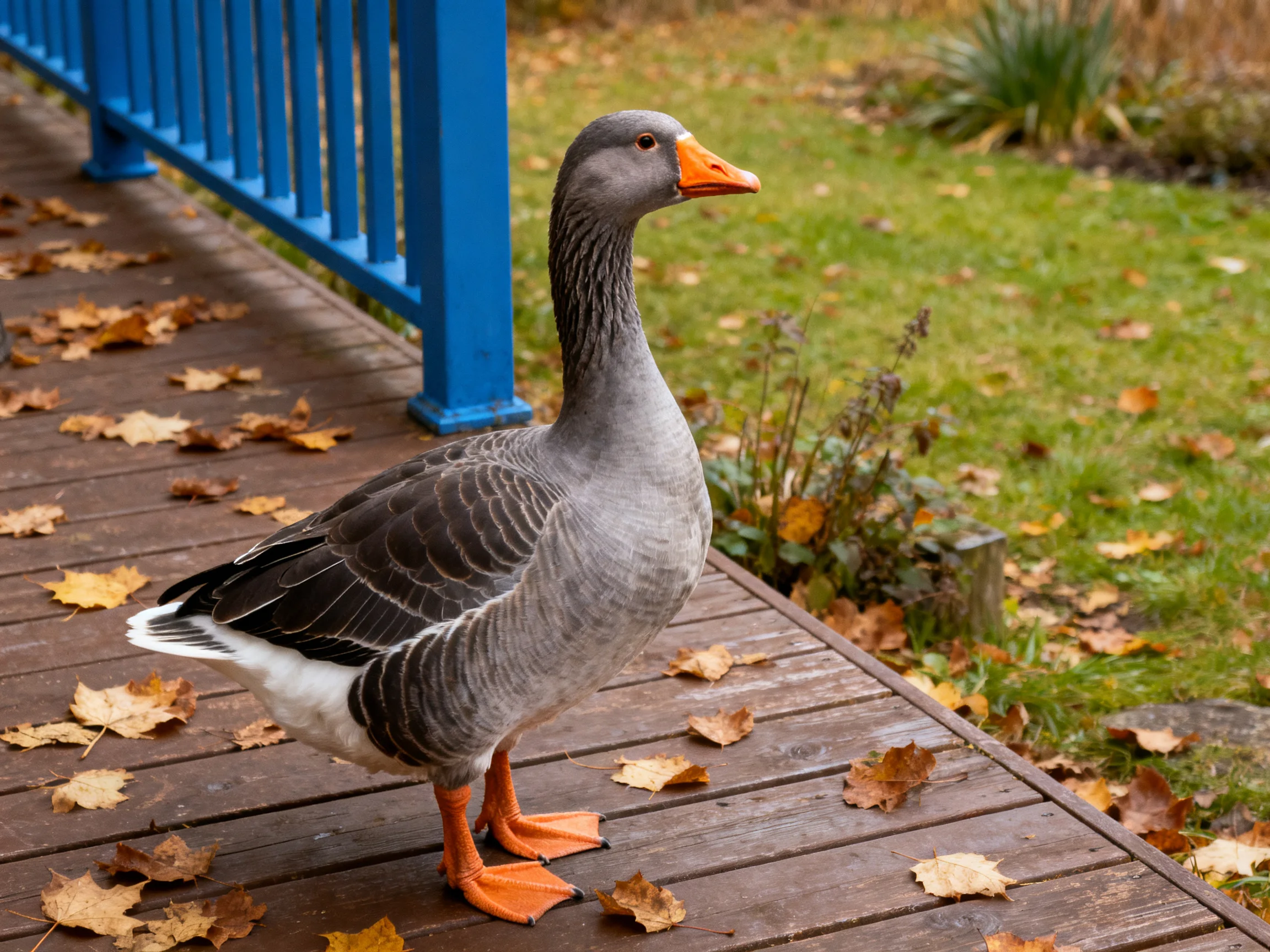 A gray goose stands on a leaf-strewn wooden deck near a blue railing