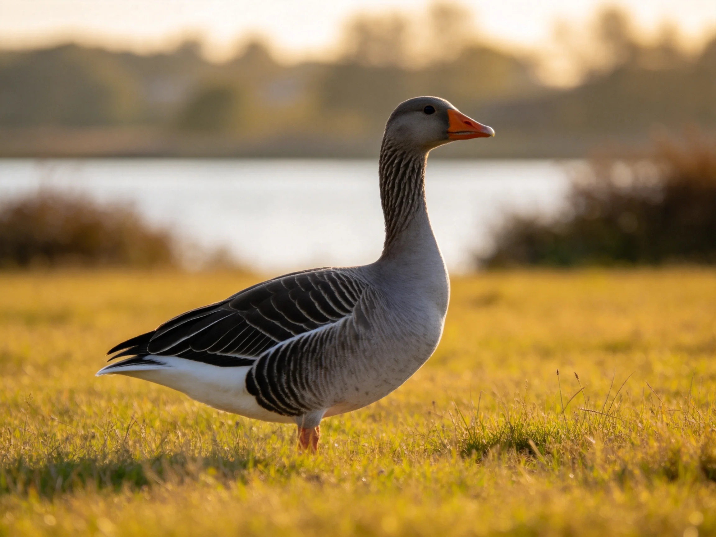 A gray goose stands on golden grass near a calm water body.