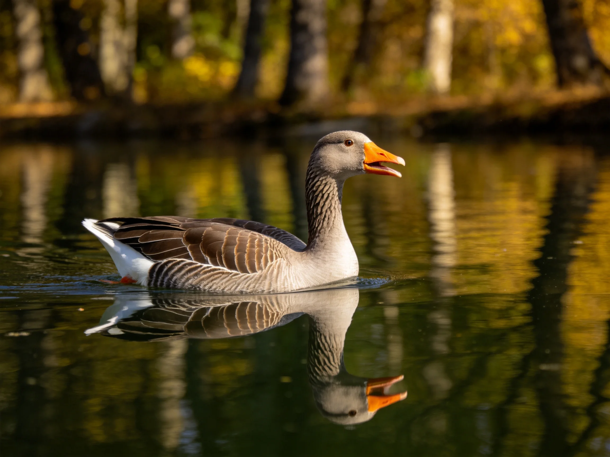 A gray goose swims in calm water near autumn trees