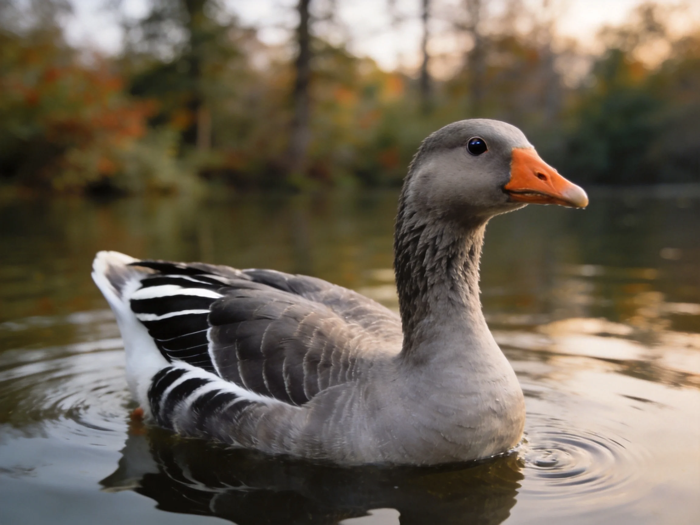 A gray goose swims in calm water near autumnal trees
