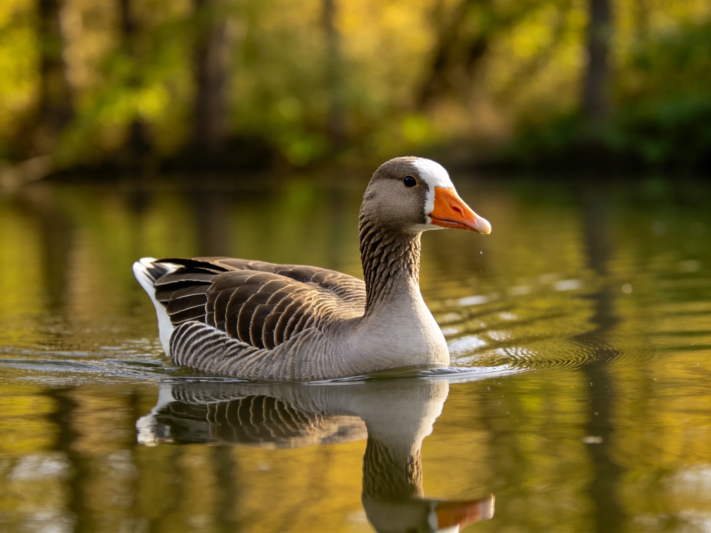 A gray goose swims in calm water near golden-hued trees