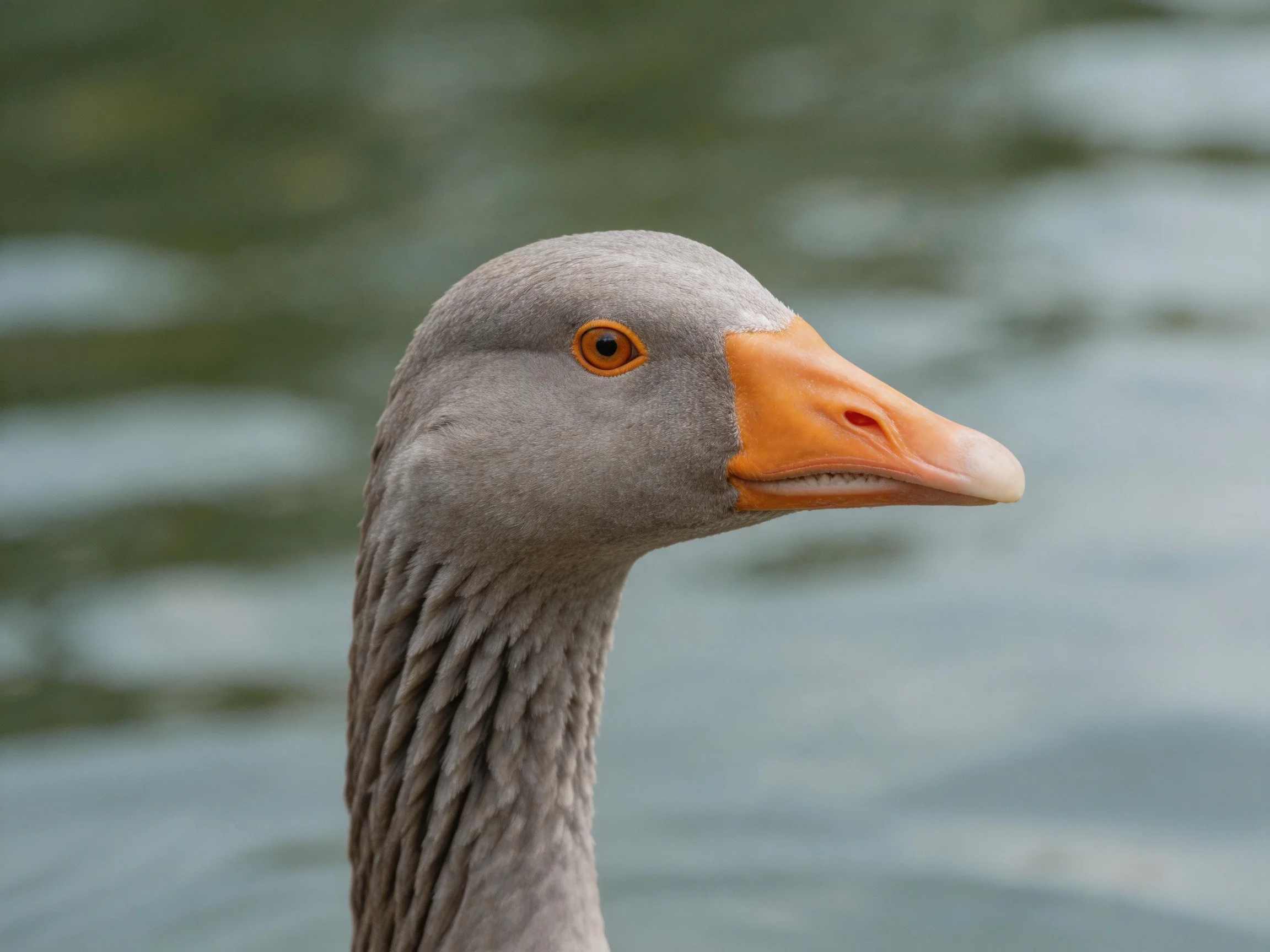A gray goose with an orange beak near calm water
