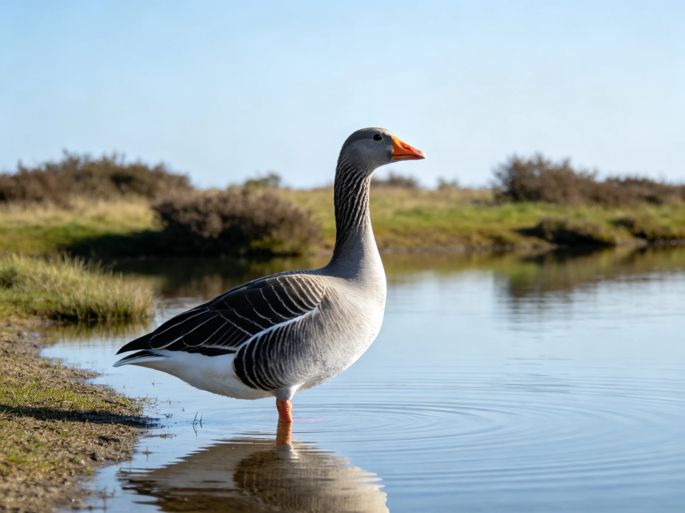 A gray goose with an orange beak stands in calm water beside a grassy shoreline.
