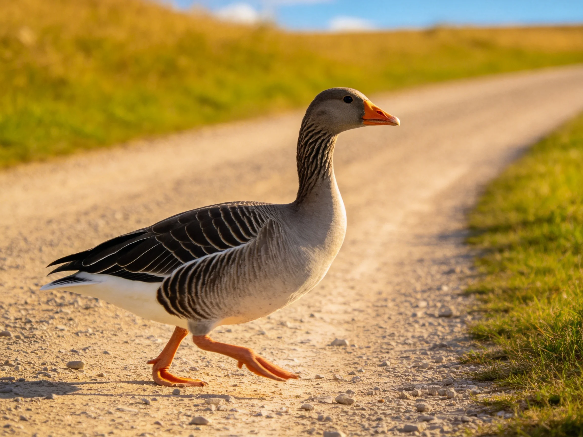A gray goose with black wing stripes walks on a gravel path