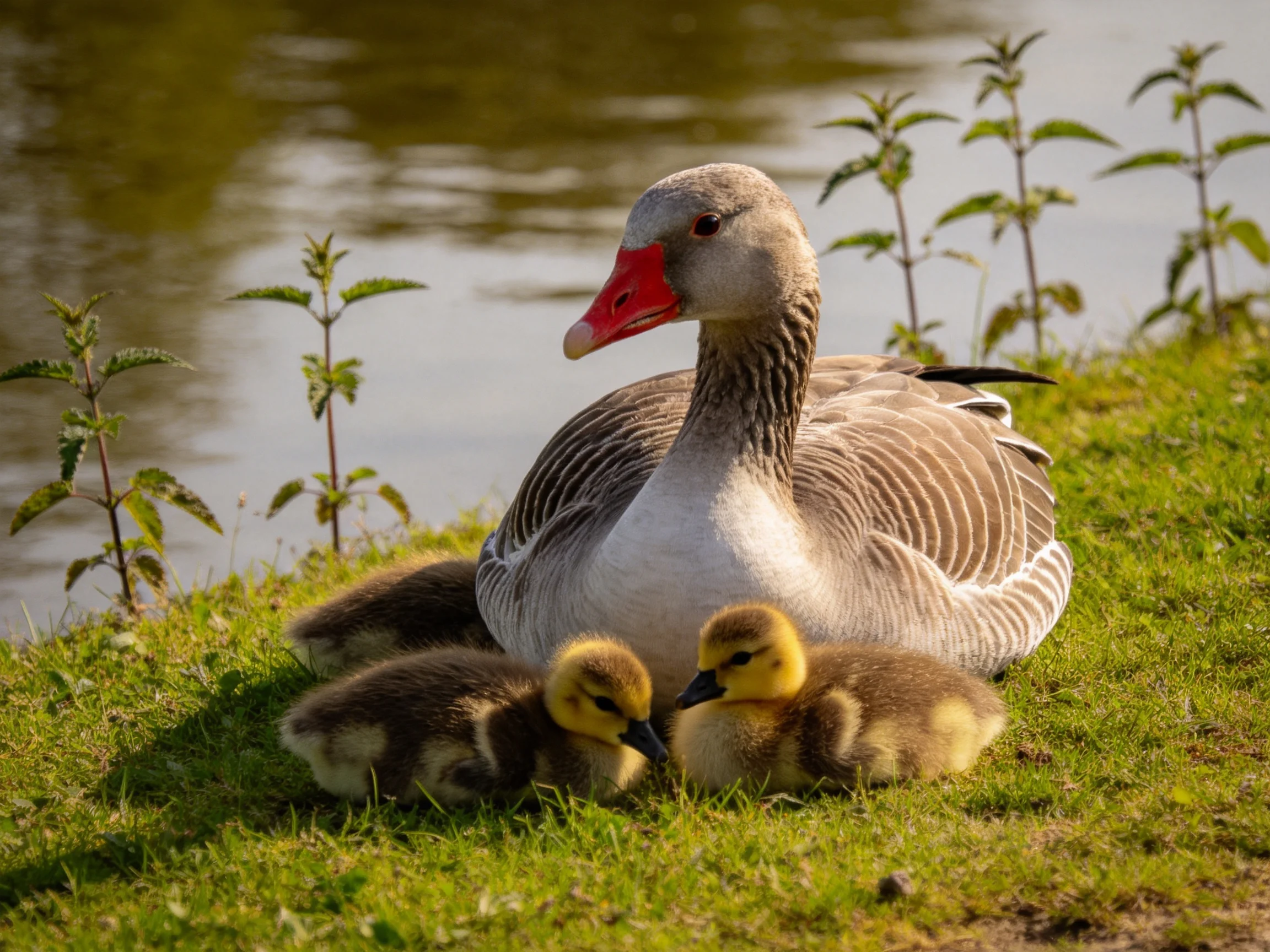 A gray goose with two yellow goslings rests on grassy shore by calm water