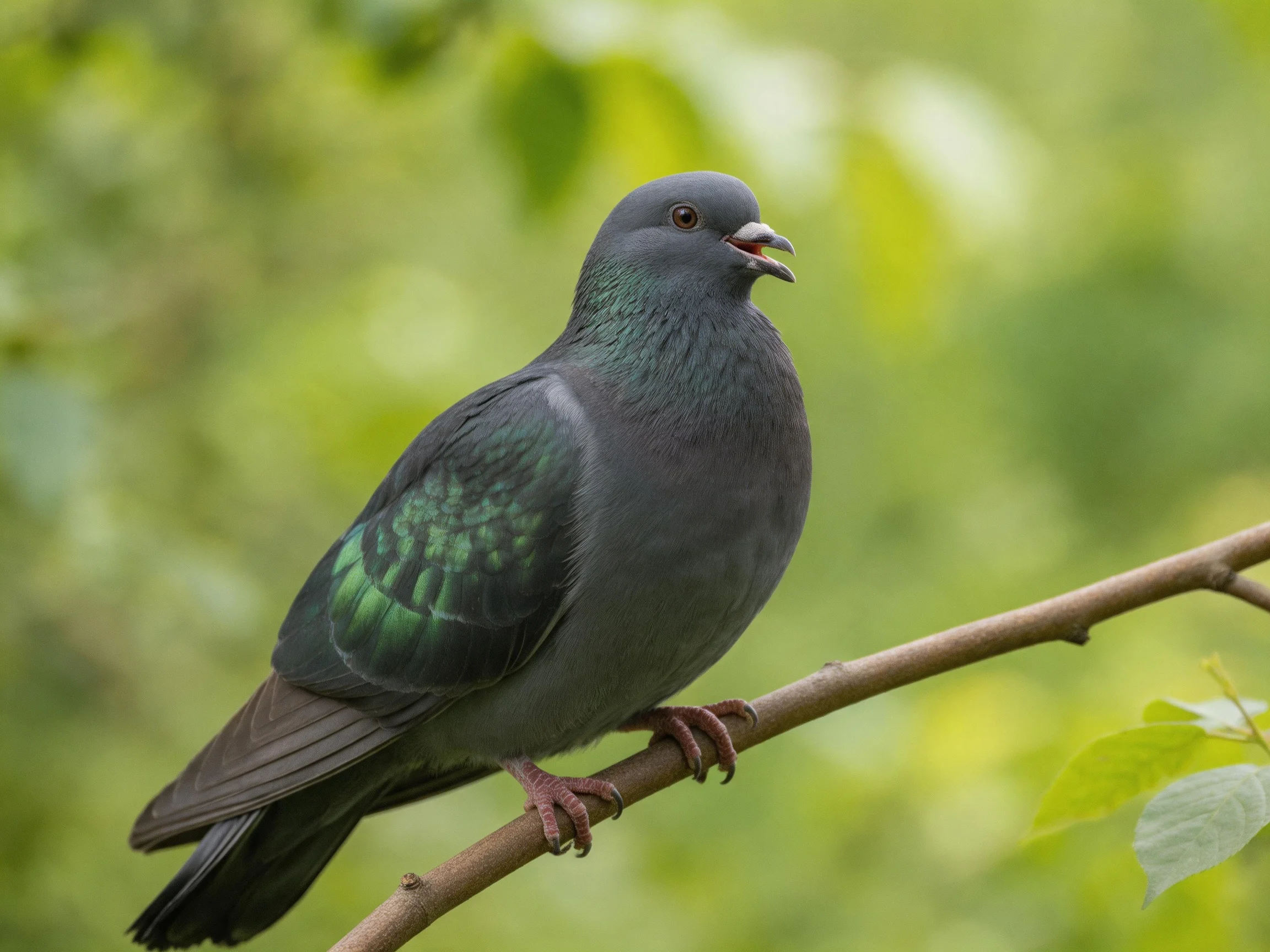 A gray-green pigeon perched on a thin brown branch