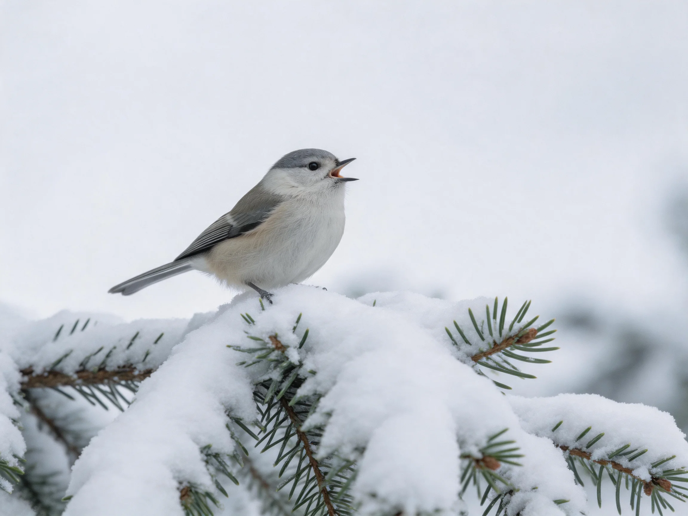 A gray-headed bird perches on a snow-covered pine branch.