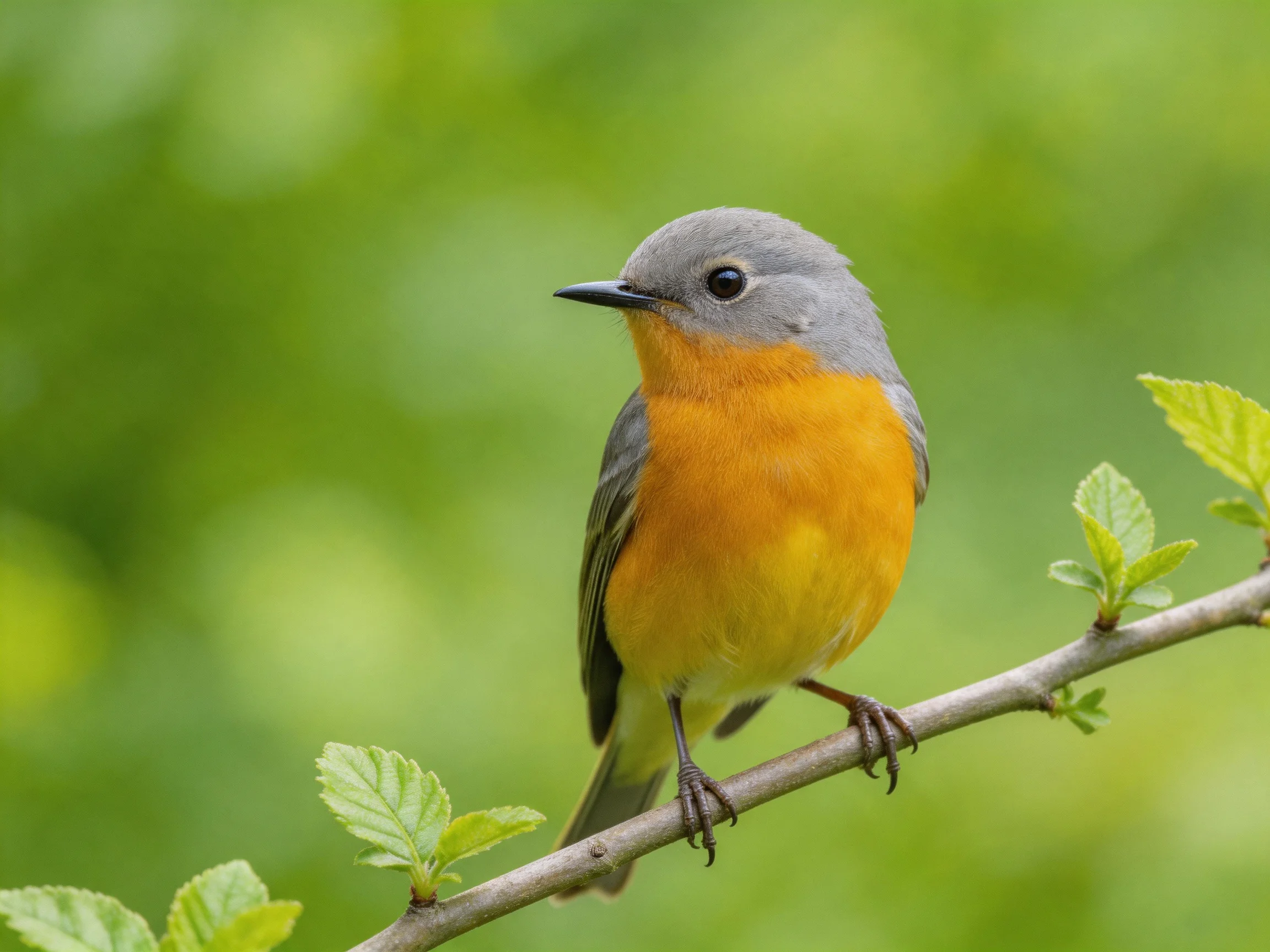 A gray-headed bird with an orange chest perches on a branch