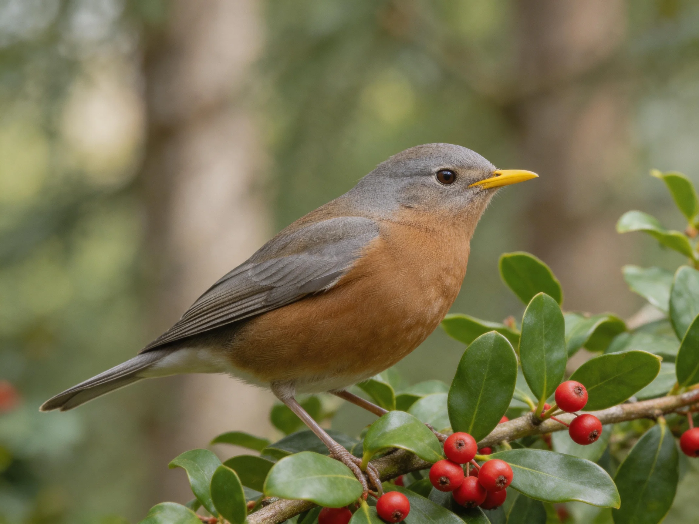 A small bird with a gray head and orange-brown body rests on a branch with red berries.