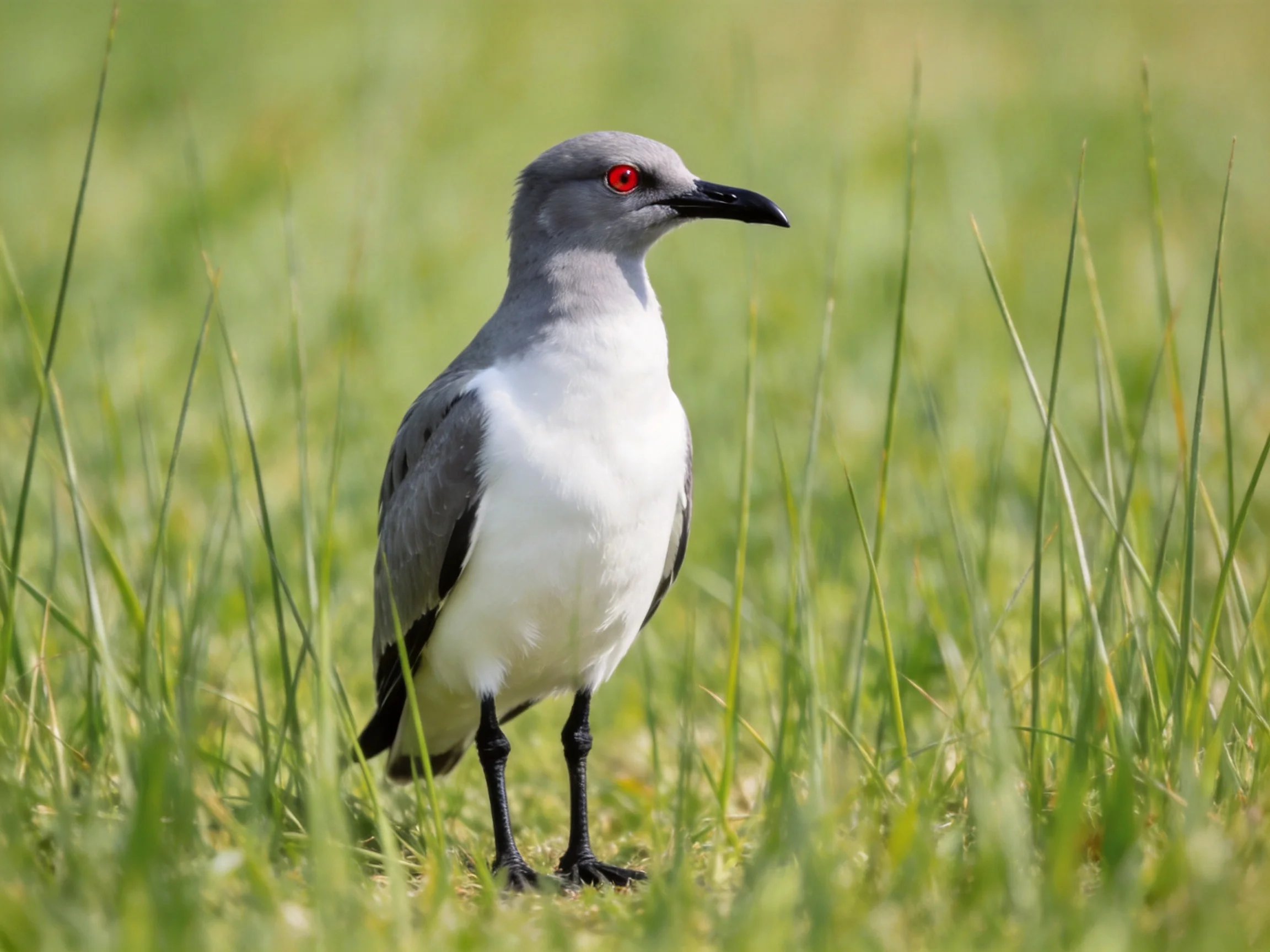 A gray-headed bird with red eyes stands in tall green grass