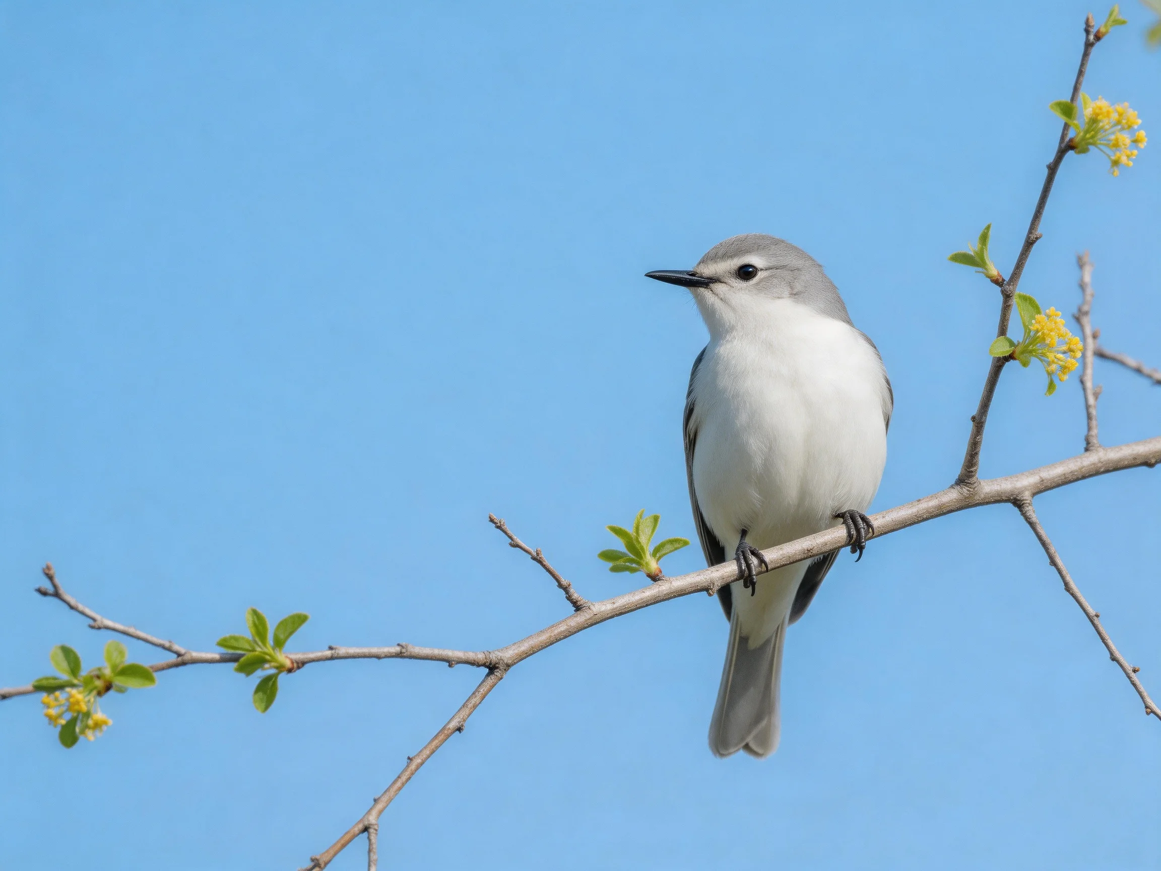 A small gray-headed bird with white plumage rests on a flowering branch against a clear blue sky.