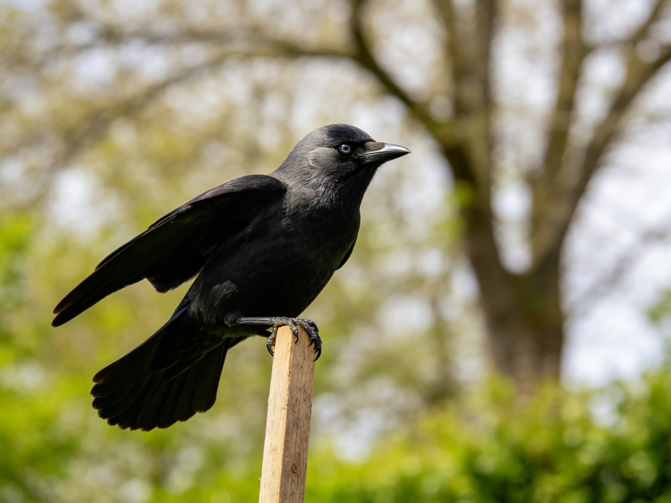 A gray-headed crow perches on a wooden post near leafy trees