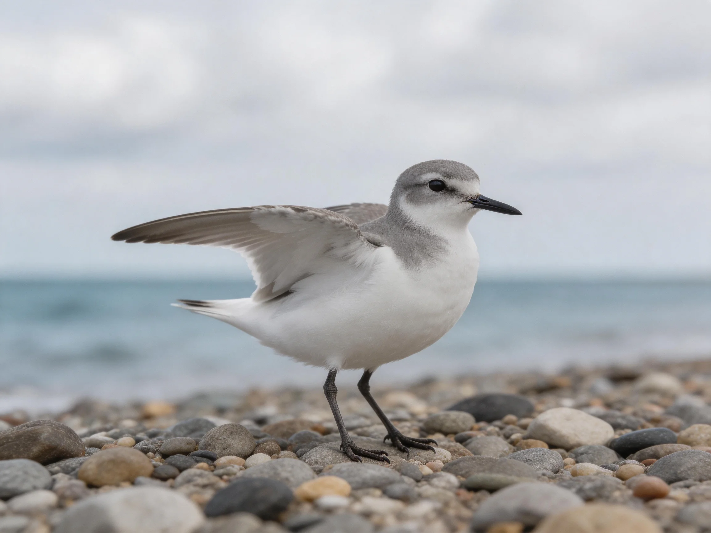 A gray-headed seabird with extended wing on a pebbly shoreline